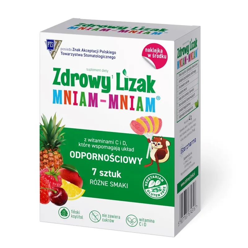 Zdrowy Lizak Mniam-mniam z witaminą C i D, suplement diety, 7 sztuk + naklejka