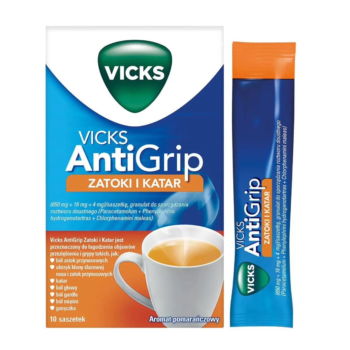Vicks Antigrip Zatoki i Katar, (650 mg + 16 mg + 4 mg)/saszetkę, 10 saszetek