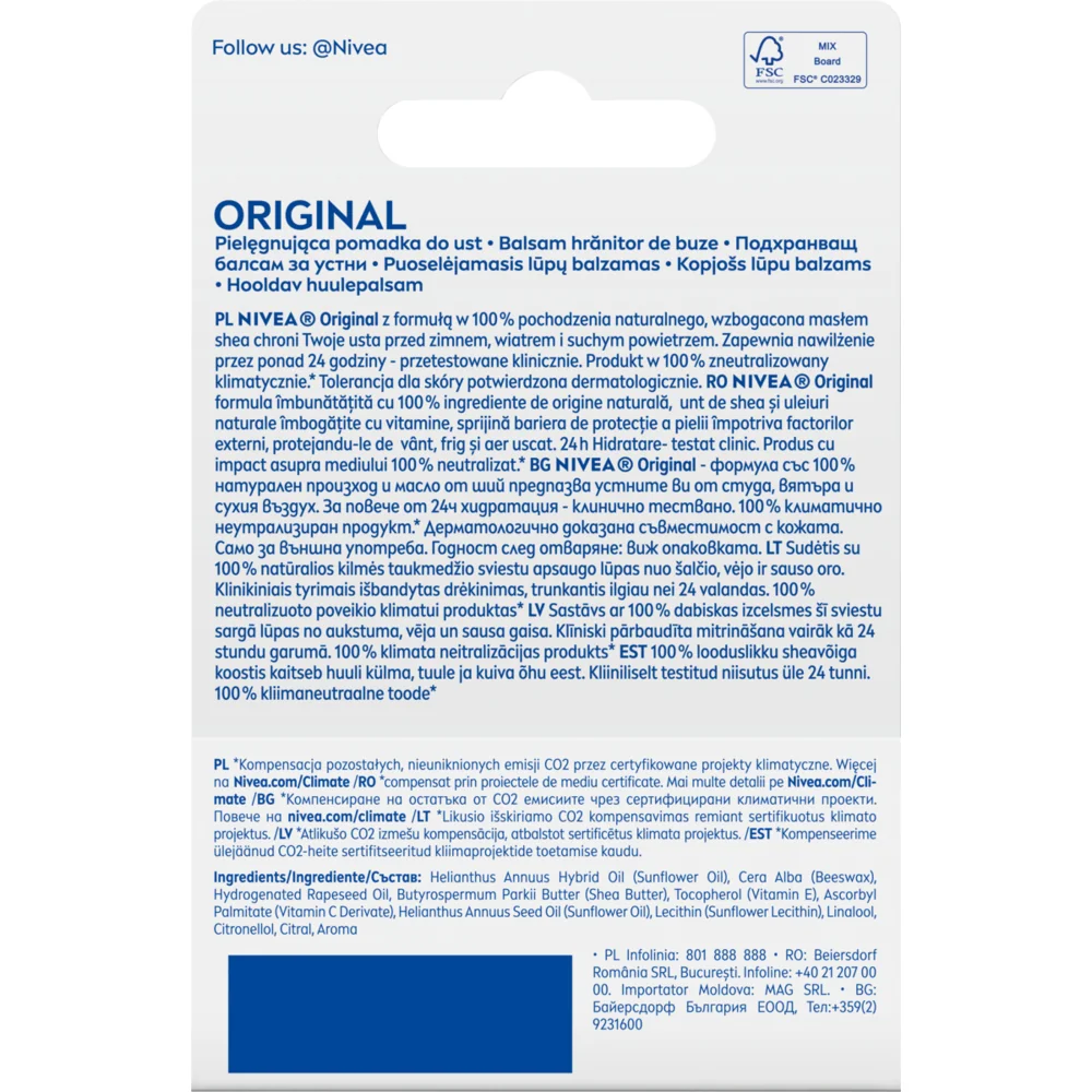 Nivea Original Care pielęgnująca pomadka do ust, 4,8 g