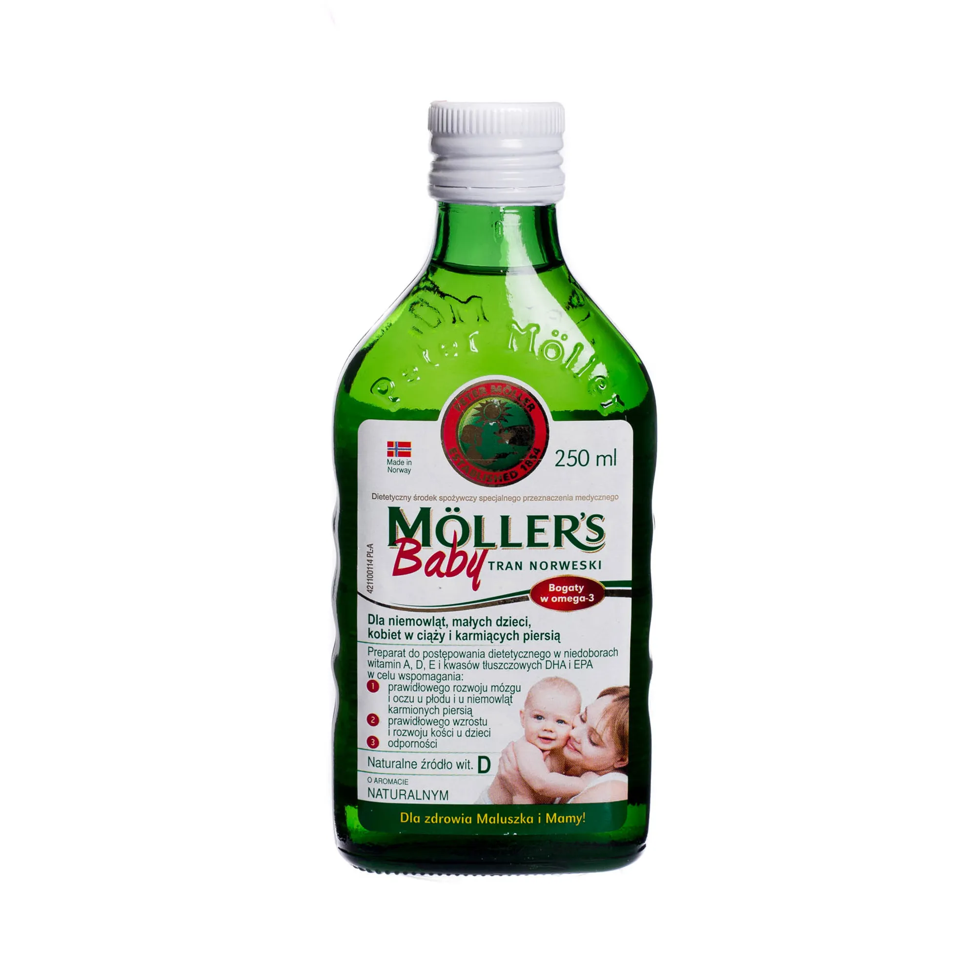Mollers Baby Tran Norweski, Bogaty w omega-3, dla niemowląt, małych dzieci, kobiet w ciąży i karmiących piersią, 250 ml