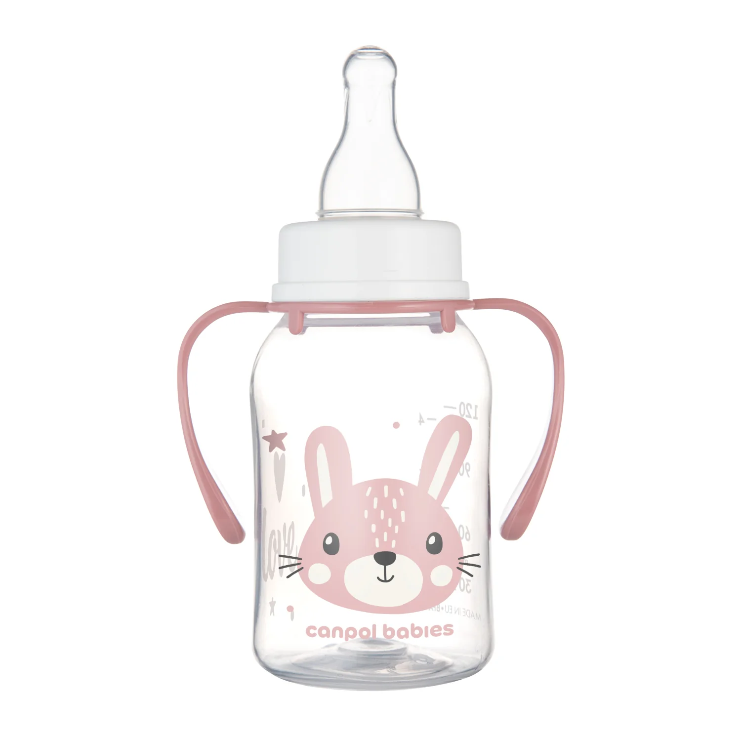Canpol Babies CUTE ANIMALS różowa butelka z uchwytami 120 ml, 1 sztuka