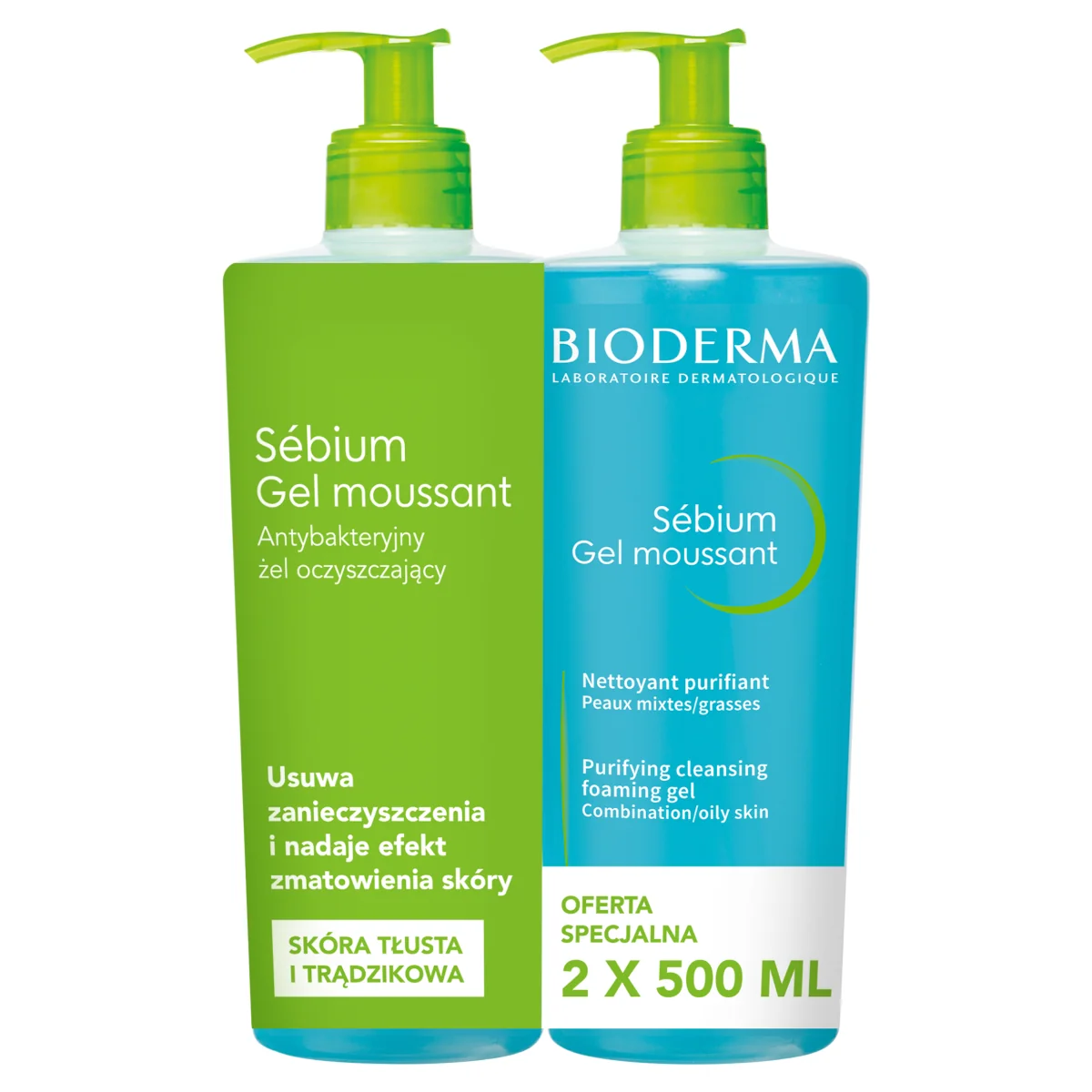 Bioderma Sebium antybakteryjny żel do mycia twarzy, 2 x 500 ml