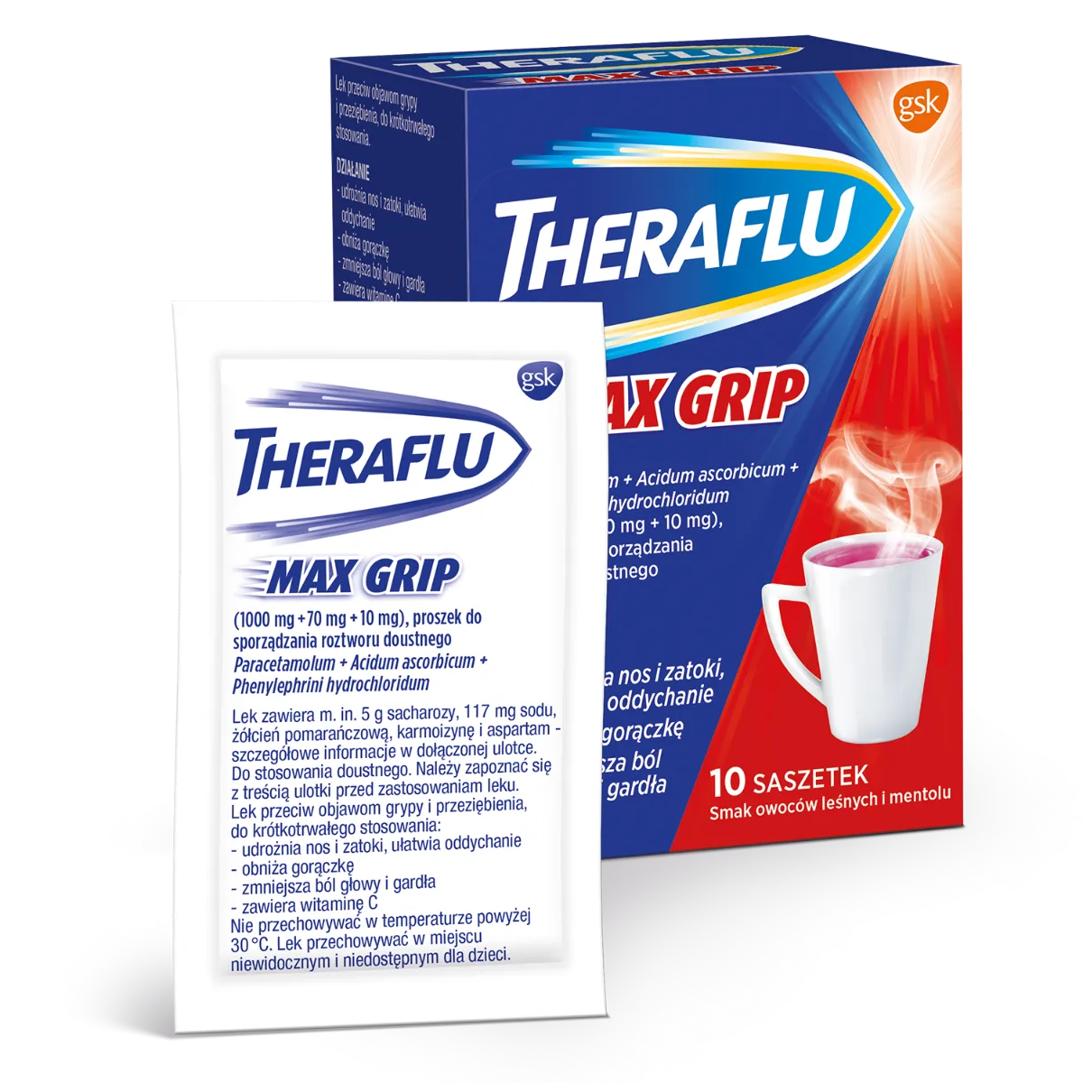 Theraflu Max Grip, 1000 mg + 70 mg + 10 mg, 10 saszetek 