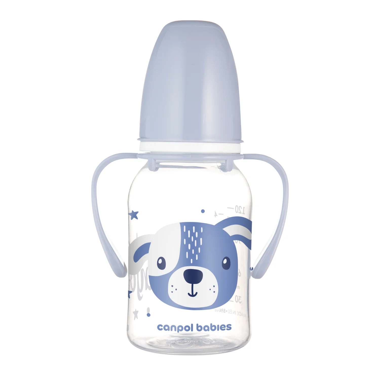 Canpol Babies CUTE ANIMALS niebieska butelka z uchwytami 120 ml, 1 sztuka