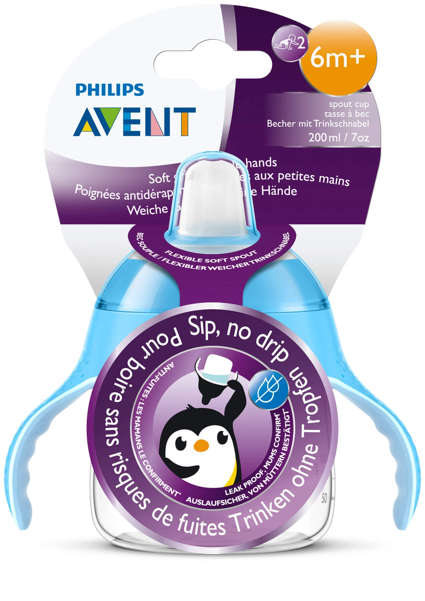 Avent Pingwinek, kubek z miękkim ustnikiem, niebieski, 6m+ SCF751/05, 200 ml 
