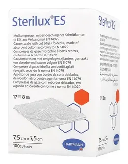 Sterilux ES, kompresy z gazy bawełnianej, niejałowe, 17-nitkowe, 8 warstw, 7,5 cm x 7,5 cm, 100 sztuk