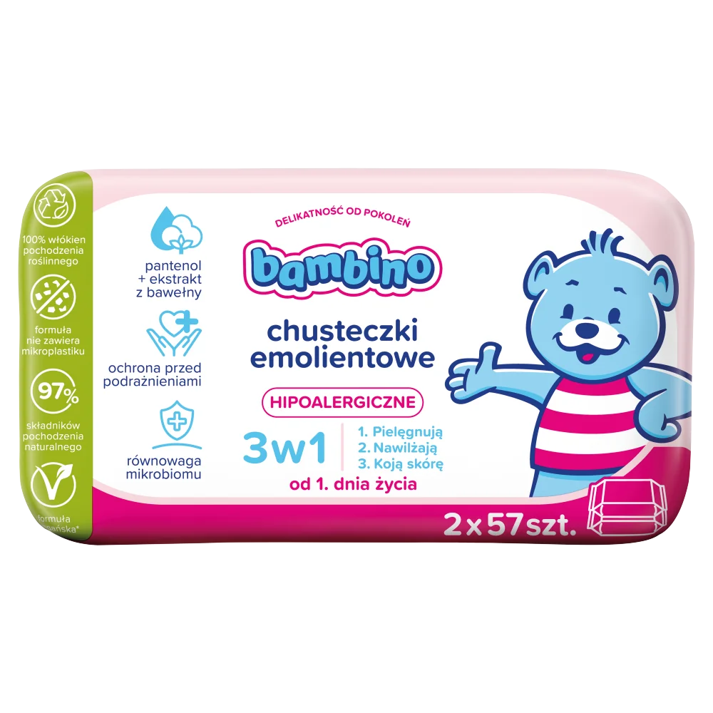 Bambino chusteczki emolientowe 3w1, 2 x 57 sztuk