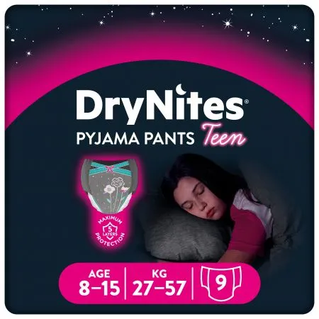 Huggies DryNites Girls, majtki na noc, dla dziewczynek, 8-15lat, 27-57kg, 9 sztuk