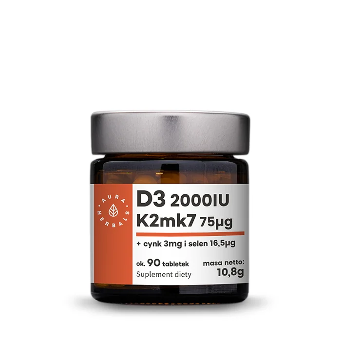 Aura Herbals, Witamina D3 2000IU + K2mk7 75 mcg+ Cynk+ Selen 90 tabletek