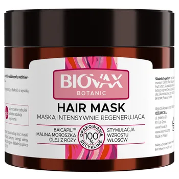 L'Biotica Biovax Botanic, intensywnie regenerująca maska do włosów, malina i róża, 250 ml 