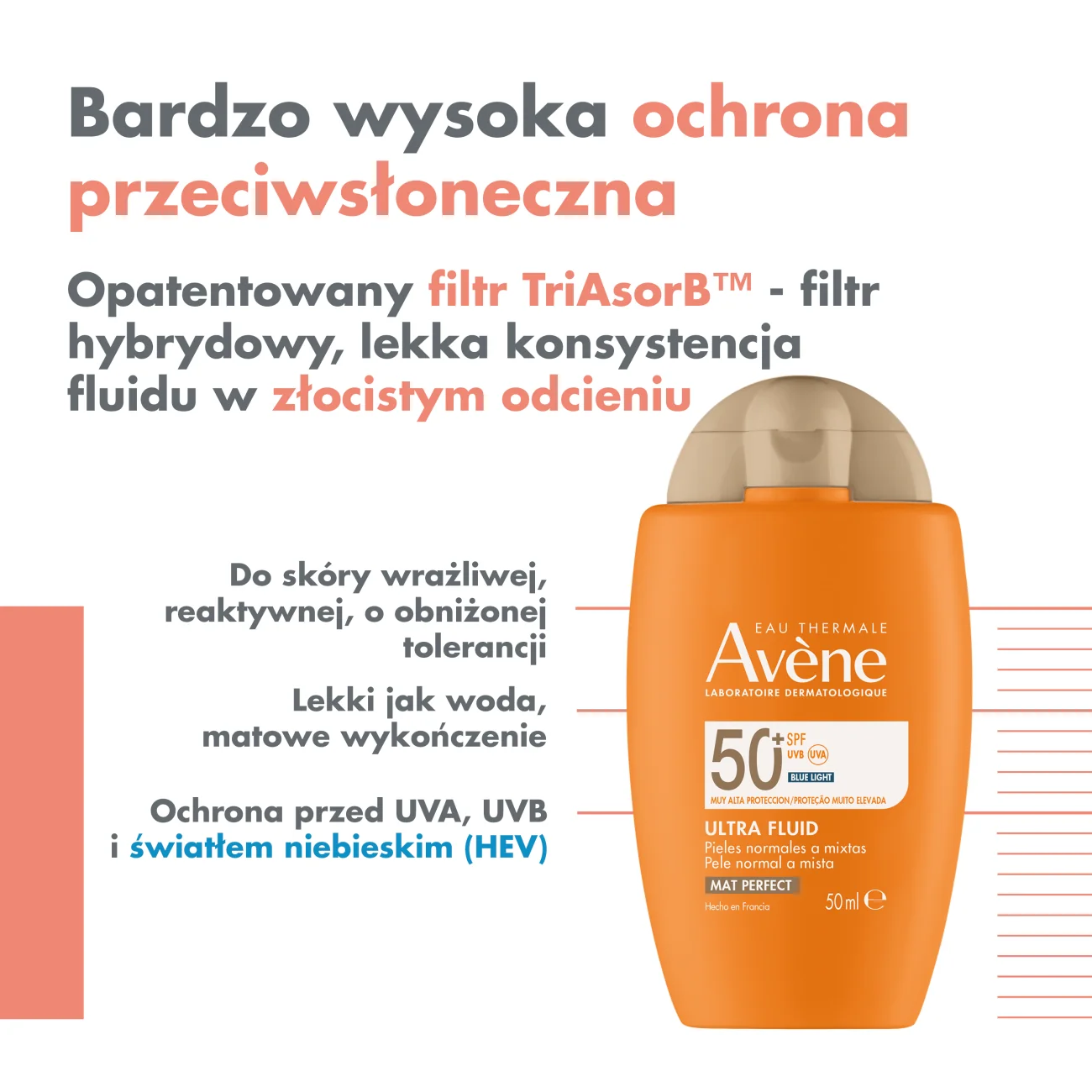 Avène Bardzo wysoka ochrona przeciwsłoneczna Ultra Fluid Perfector SPF 50+, 50 ml