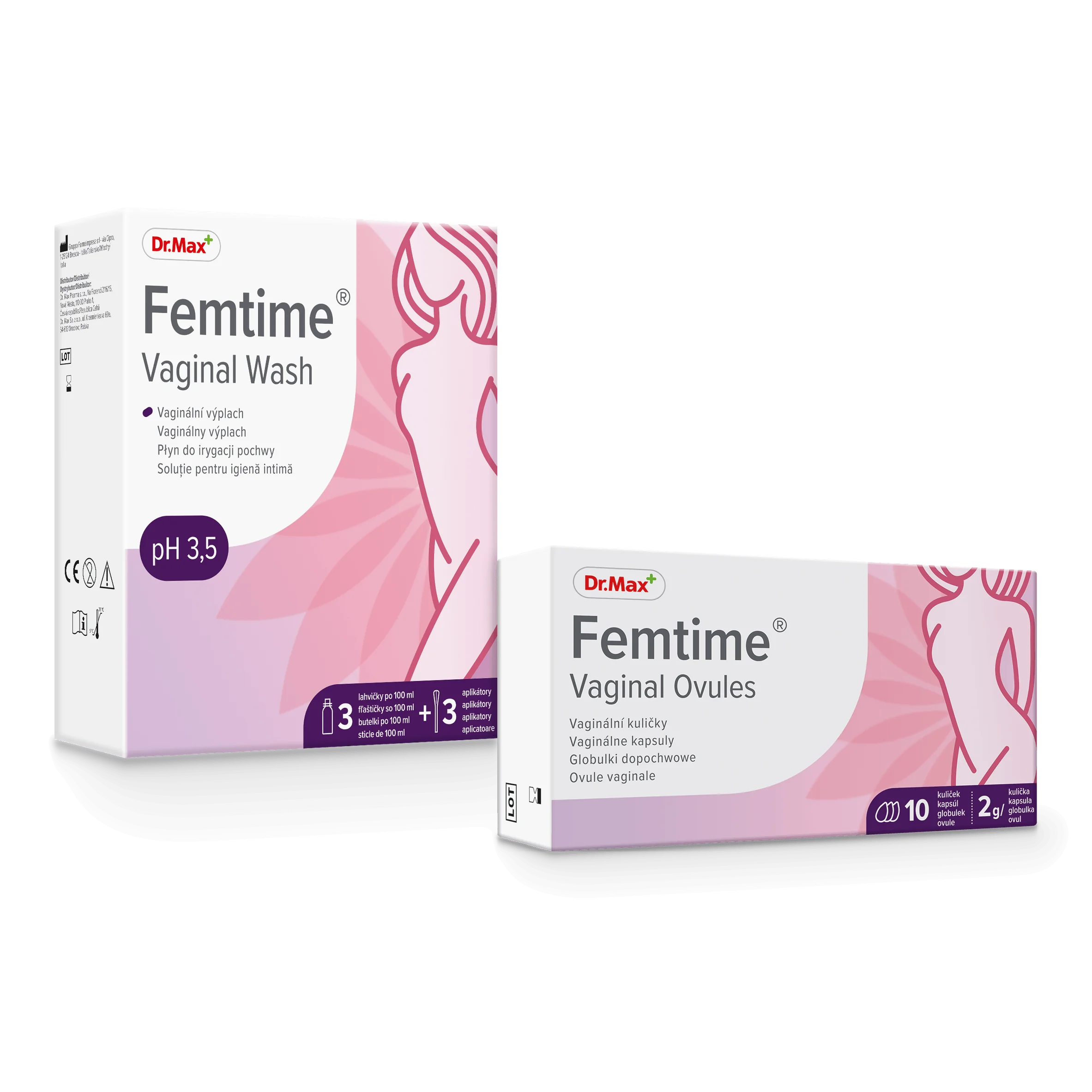 Komplet troski o zdrowie intymne Femtime Vaginal Ovules Dr. Max 10 sztuk + Femtime Vaginal Wash Dr. Max 3 butelki po 100 ml
