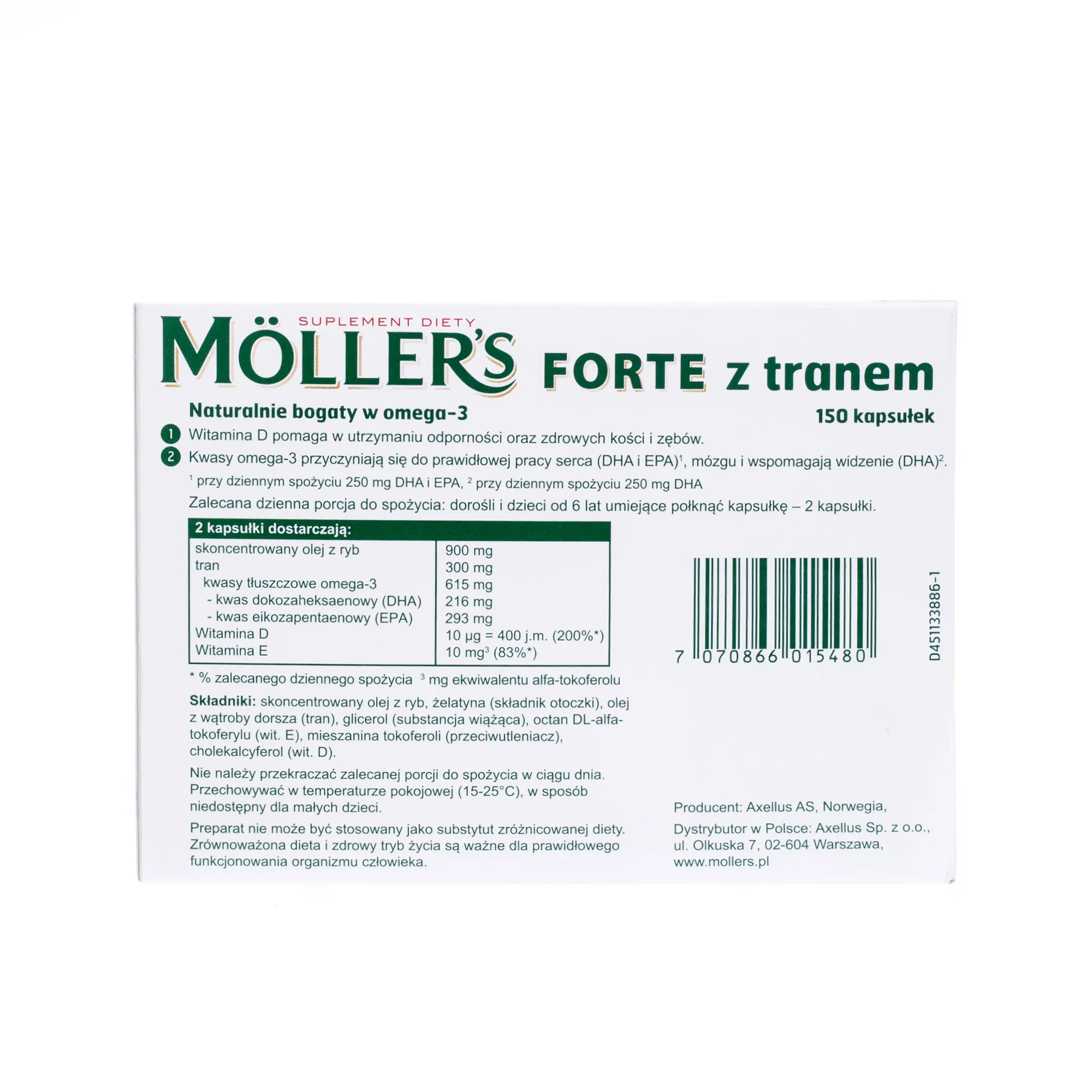 Moller's Forte z tranem Omega-3, suplement diety, 150 kapsułek 
