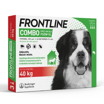 Frontline Combo XL (402,00 mg + 361,80 mg)/4,02 ml, roztwór do nakrapiania dla psów >40 kg, 3 x 4,02 ml. Data ważności: 30.06.2026