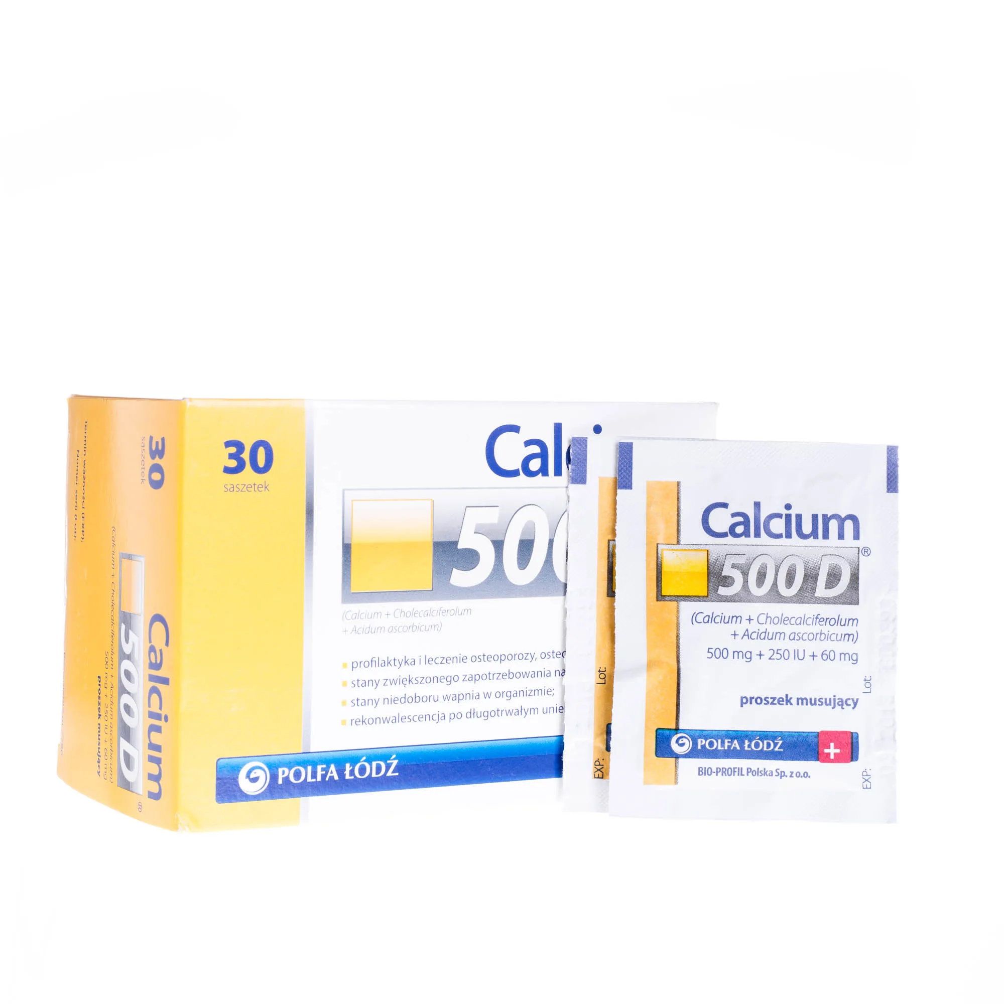 Calcium 500 D 500mg + 250 IU + 60 mg - 30 saszetek z proszkiem musującym stosowanym przy różnego schorzeniach wynikających z niedoboru wapnia 