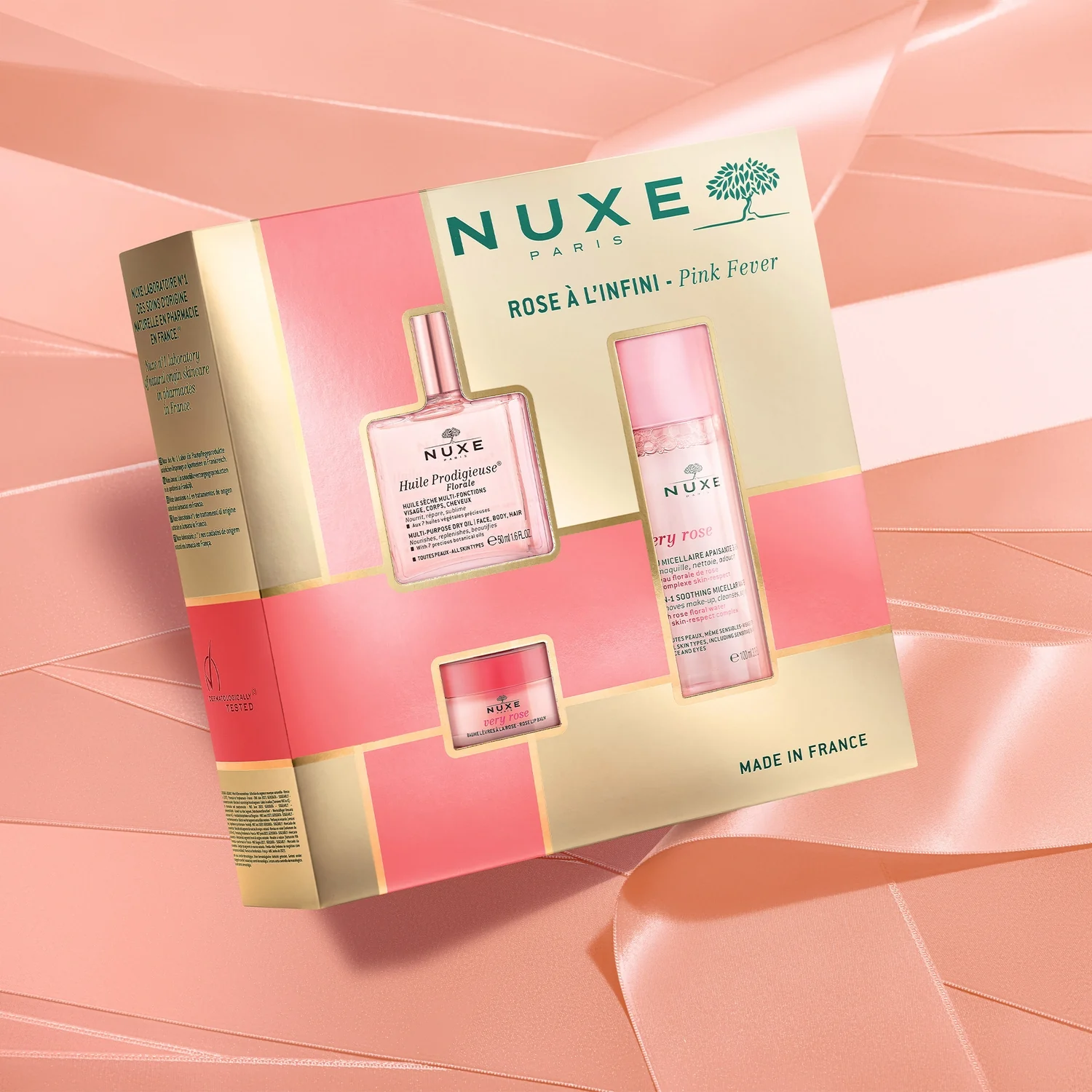 Nuxe Huile Prodigieuse Florale suchy olejek pielęgnacyjny o kwiatowym zapachu, 50 ml + Very Rose łagodząca woda micelarna, 100 ml + Very Rose różany balsam do ust, 15 g