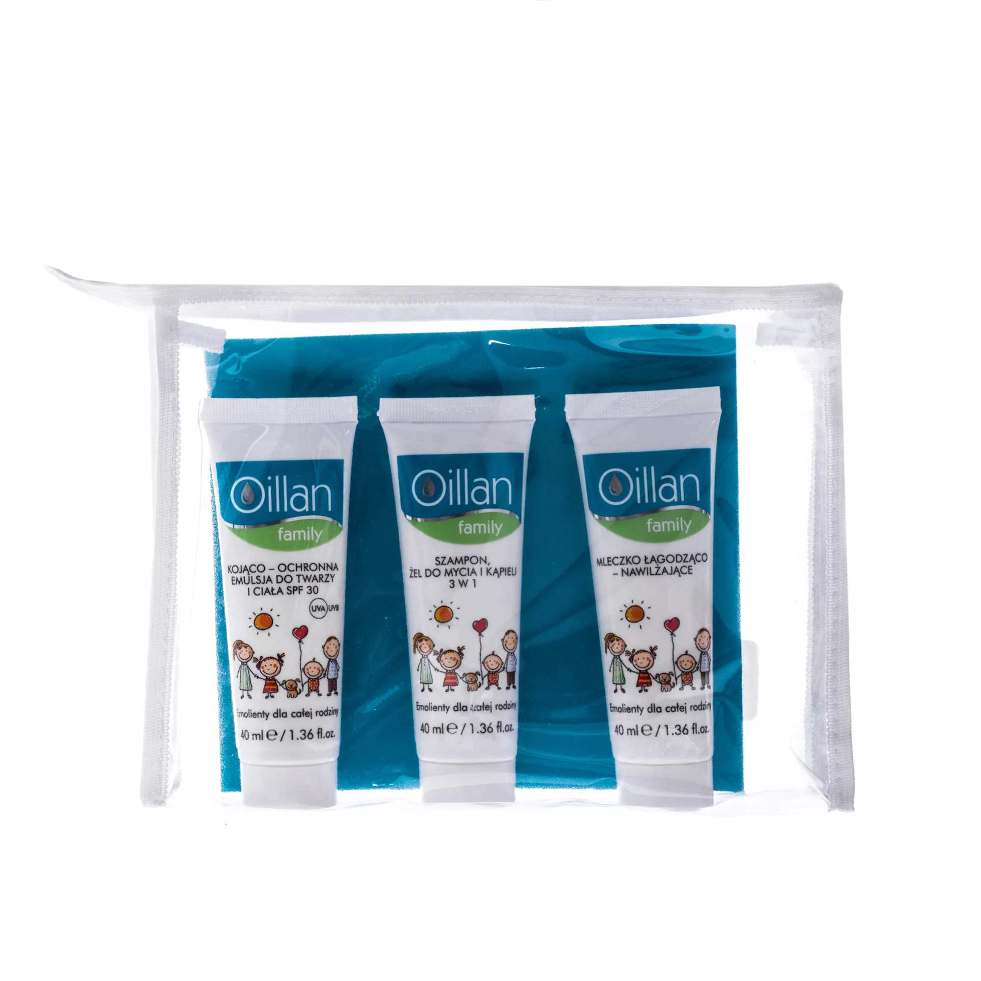 Oillan Family Travel Pack, szampon, 40 ml + mleczko, 40 ml + kojąco-ochronna emulsja do twarzy i ciała SPF 30, 40 ml 