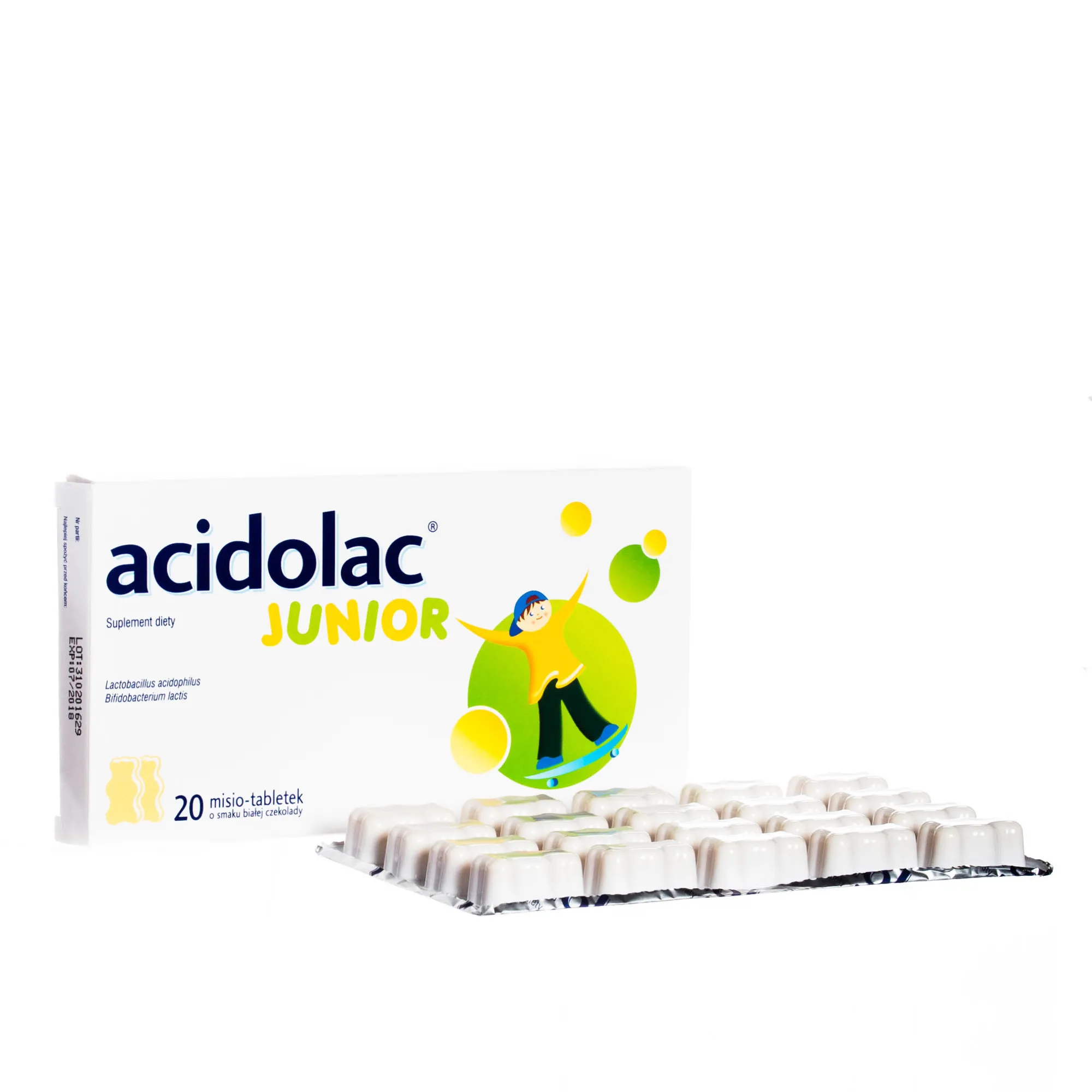 Acidolac Junior - suplement diety wspomagający prawidłowe działanie układu odpornościowego u dzieci, 20 tabletek. 
