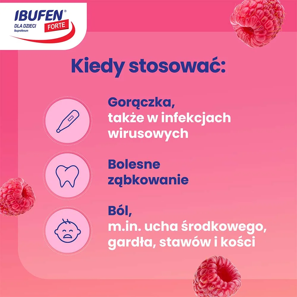Ibufen dla Dzieci Forte 200mg/5ml, smak malinowy, 100 ml