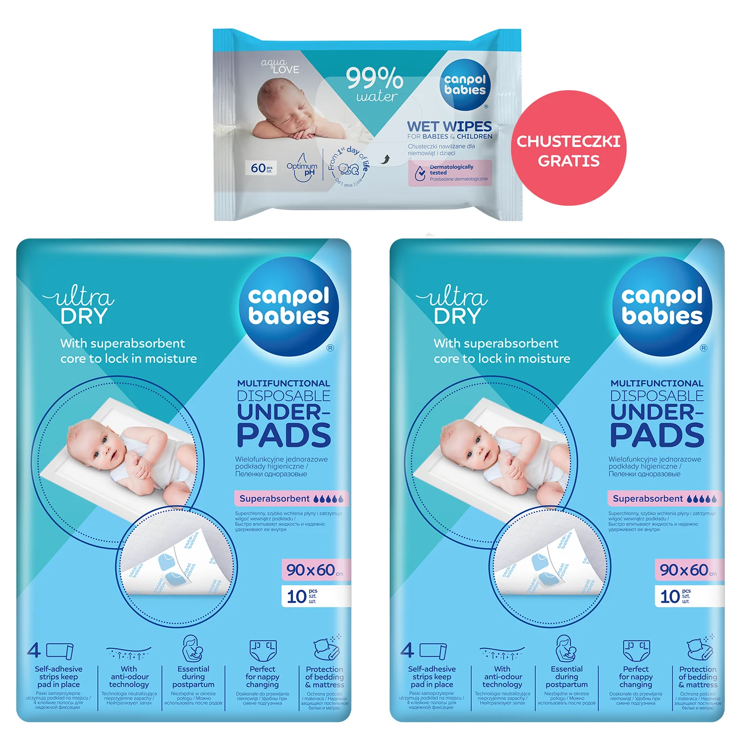 Canpol babies ultraDRY Zestaw wielofunkcyjne podkłady higieniczne 90x60 cm, 2 x 5 sztuk + chusteczki nawilżające, 60 sztuk GRATIS
