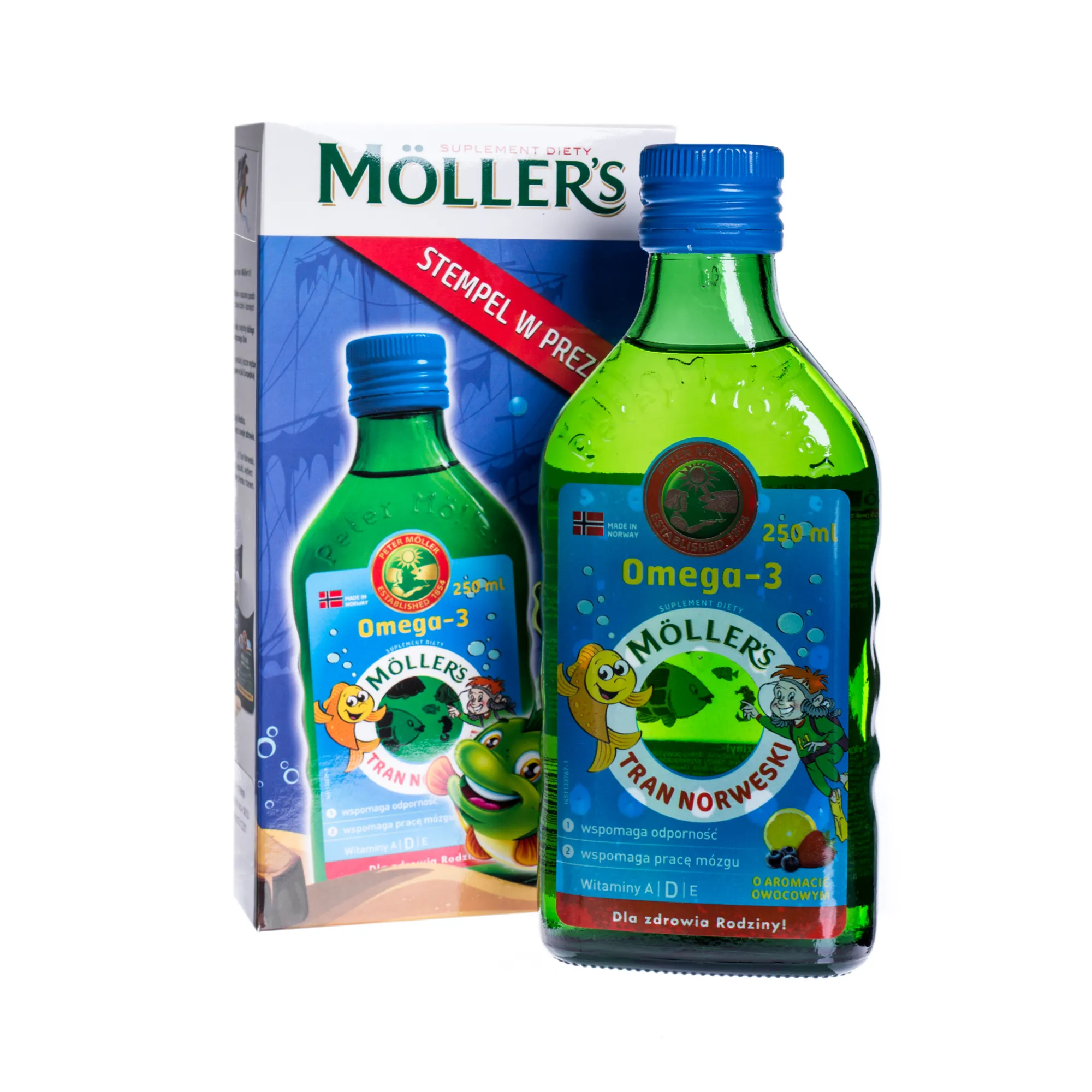 Moller's Tran Norweski, suplement diety, smak owocowy, 250 ml  + kolorowy stempel w prezencie