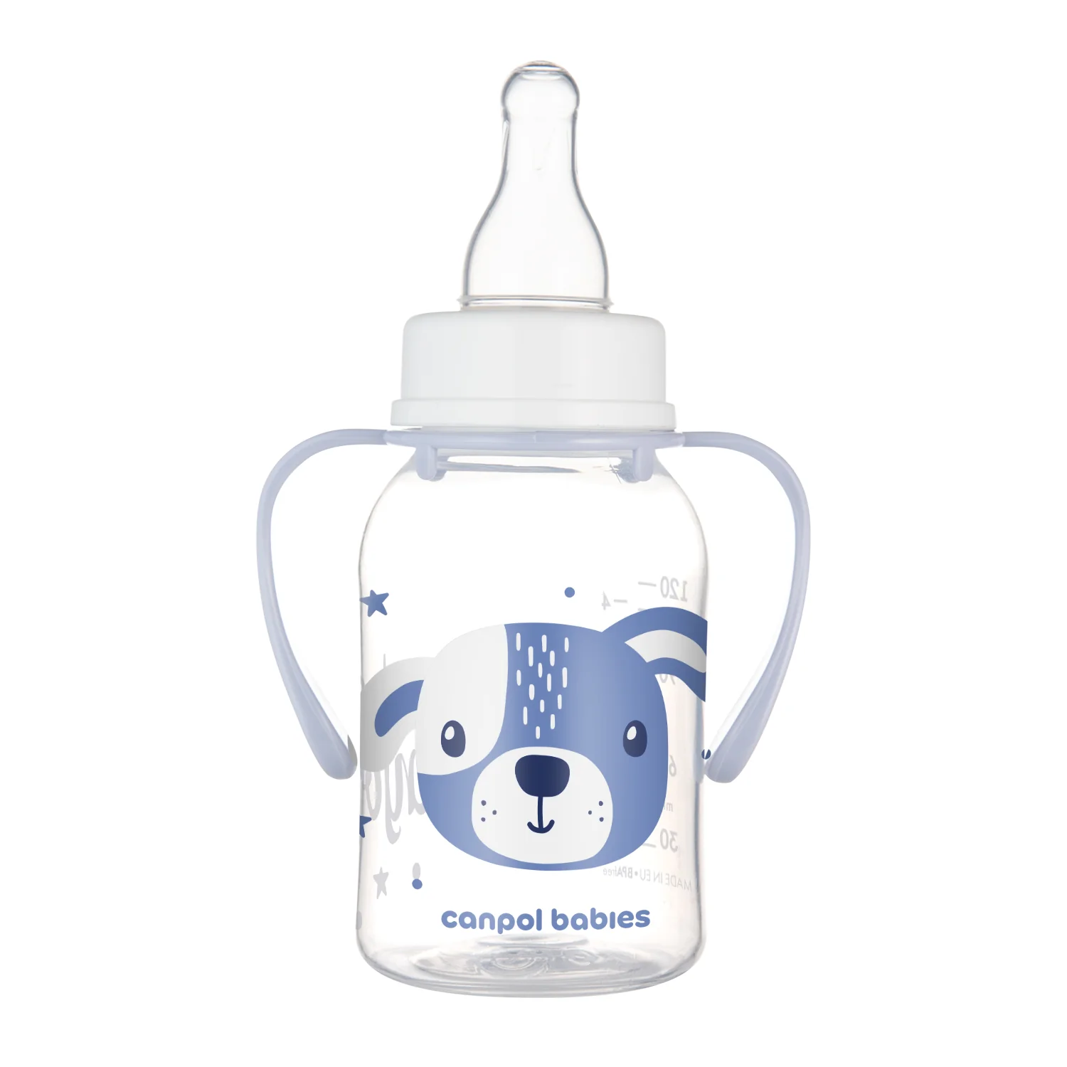 Canpol Babies CUTE ANIMALS niebieska butelka z uchwytami 120 ml, 1 sztuka