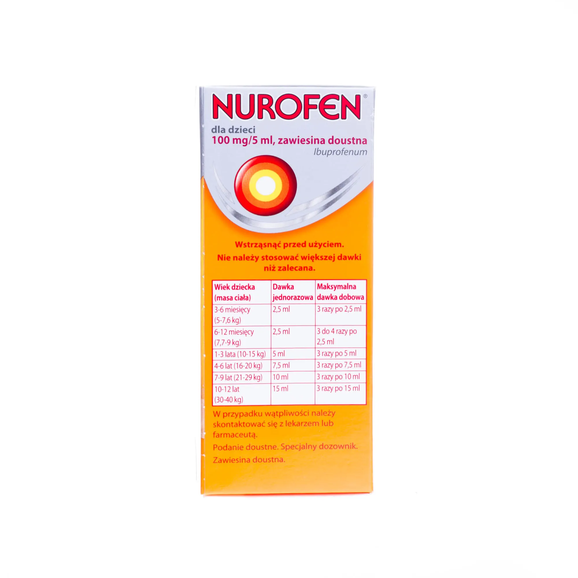Nurofen 100 mg/5 ml, zawiesina doustna od 3 miesięcy, smak pomarańczowy, 100 ml 