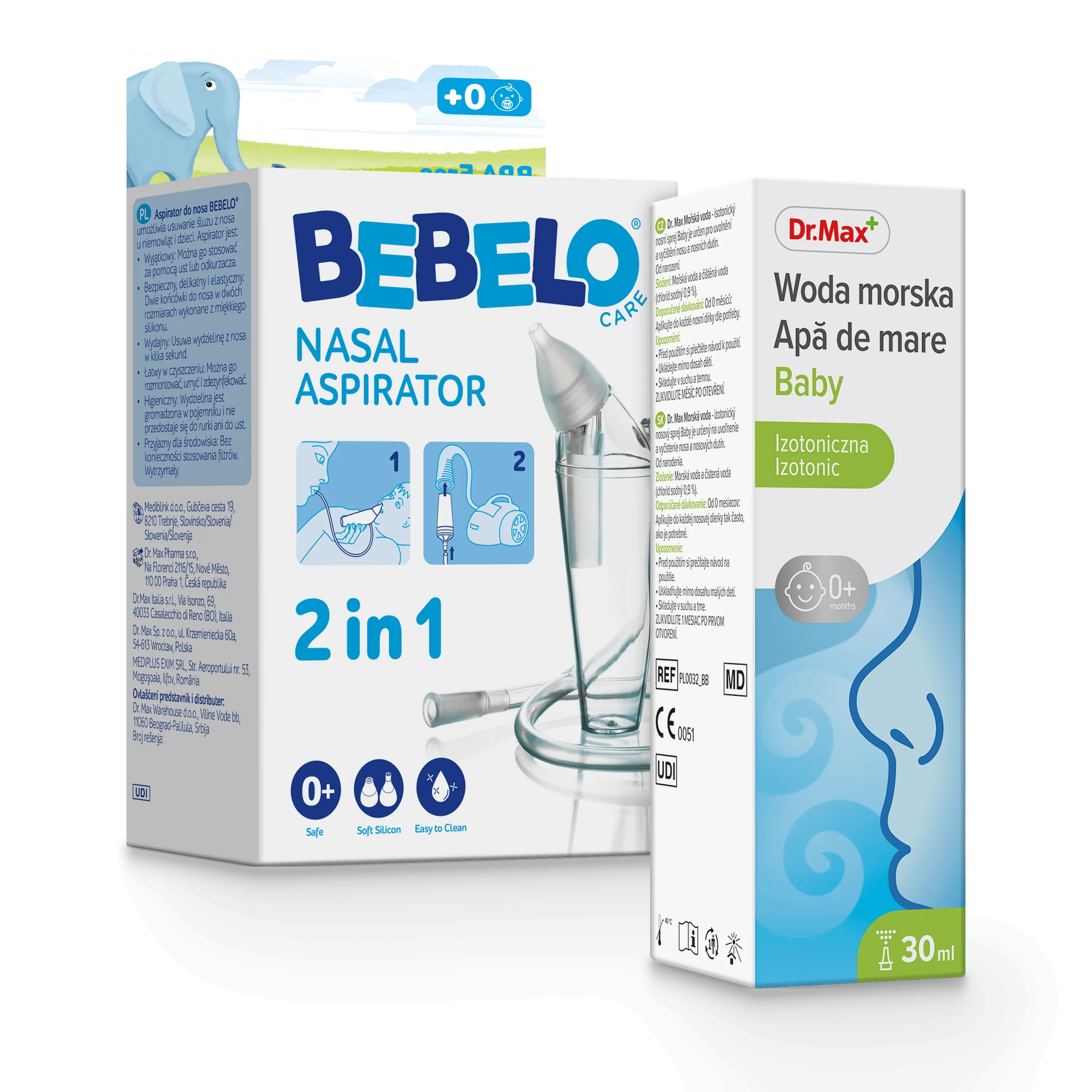 Komplet troski o nos dziecka Bebelo Care Dr. Max Nasal Aspirator 1 sztuka + Woda morska Baby Dr. Max izotoniczny 30ml
