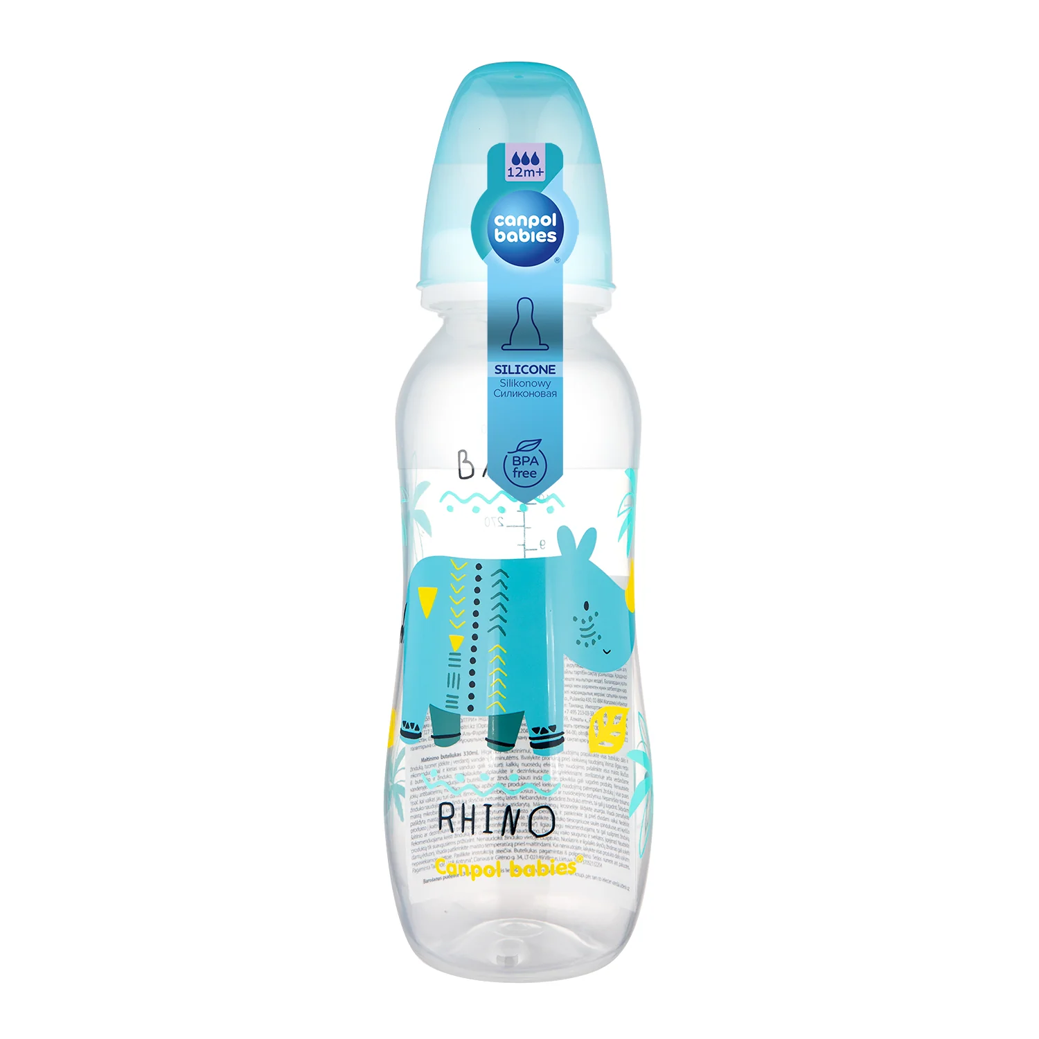 Canpol Babies Africa Baby Rhino turkusowa wąska butelka 330 ml, 1 sztuka