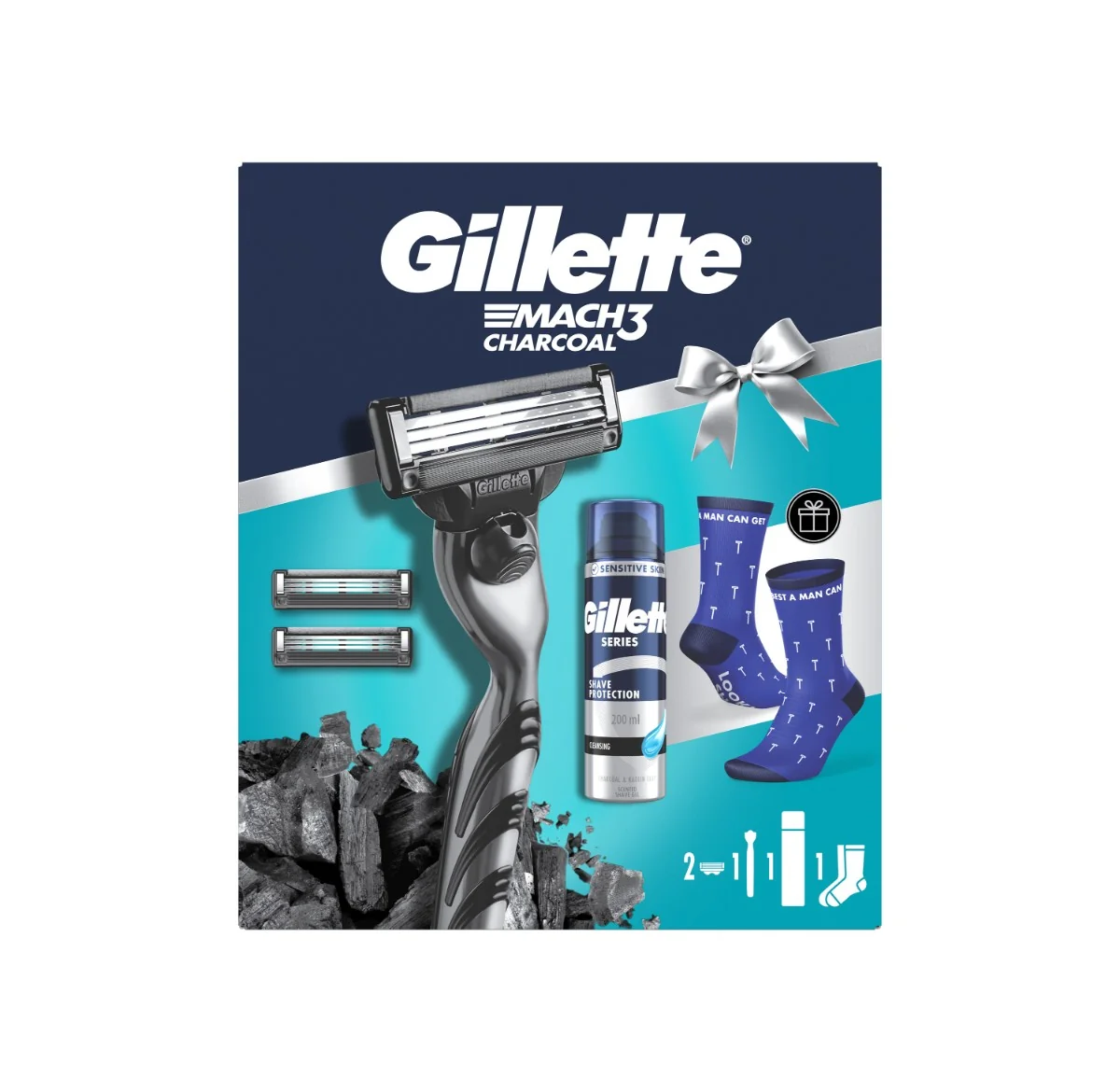 Gillette Mach3 Charcoal Zestaw męska maszynka do golenia z 3 ostrzami + 2 wkłady wymienne + żel do golenia, 200 ml + skarpetki