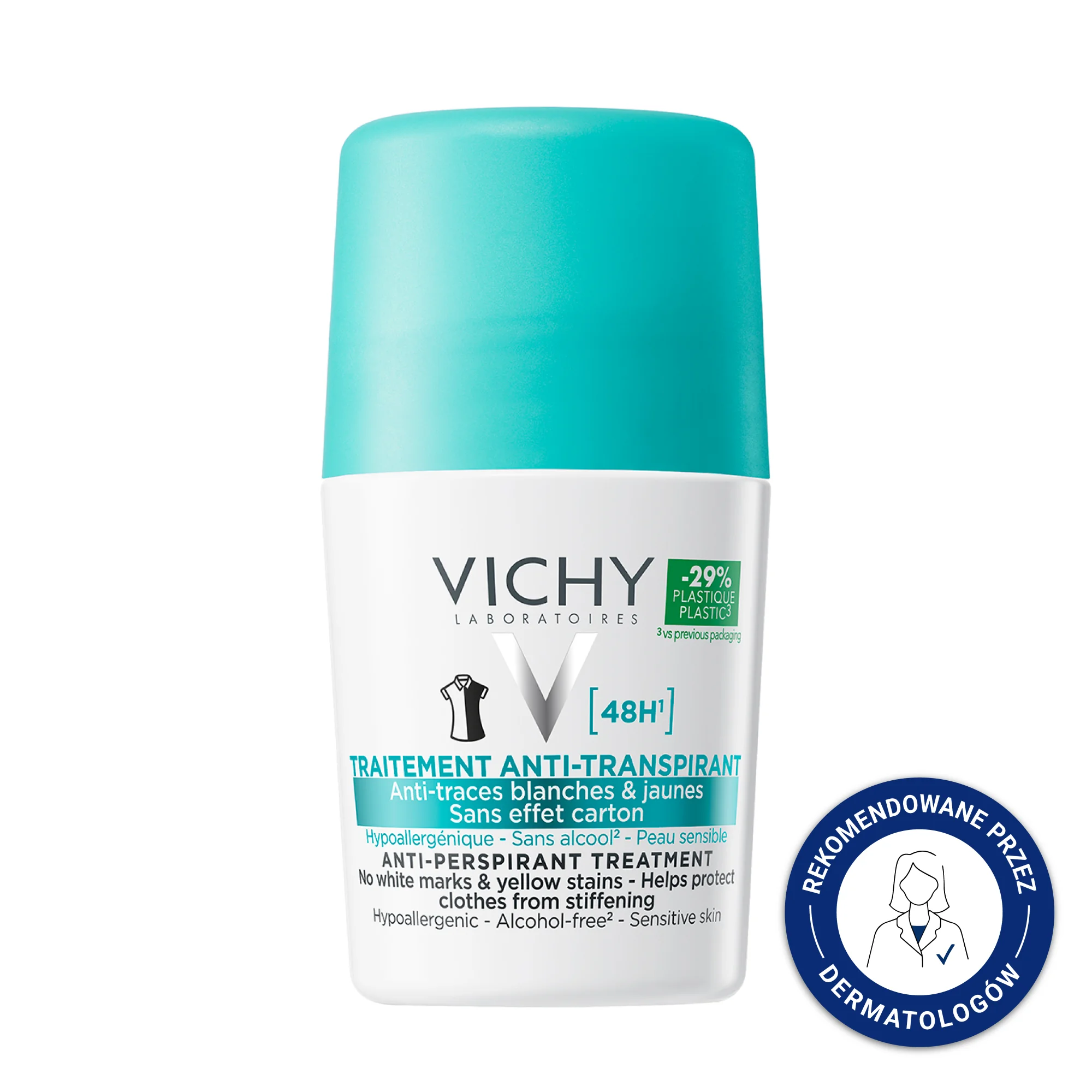 Vichy, antyperspirant roll-on 48h przeciw śladom na ubraniach, 50 ml