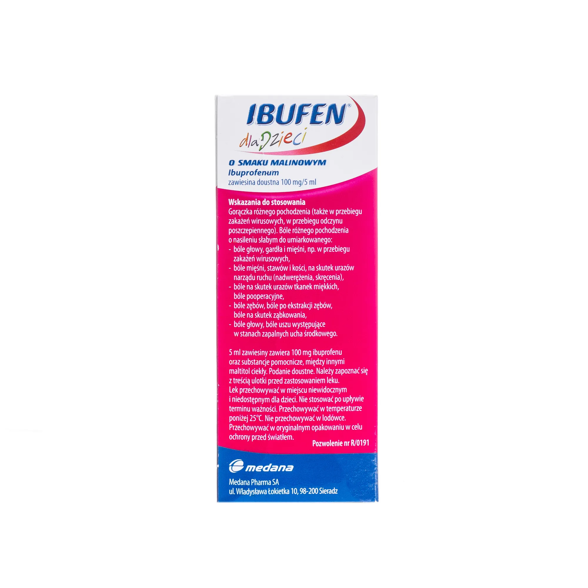 Ibufen dla dzieci, 100mg/5ml, lek przeciwgorączkowy, smak malinowy, 100 ml 