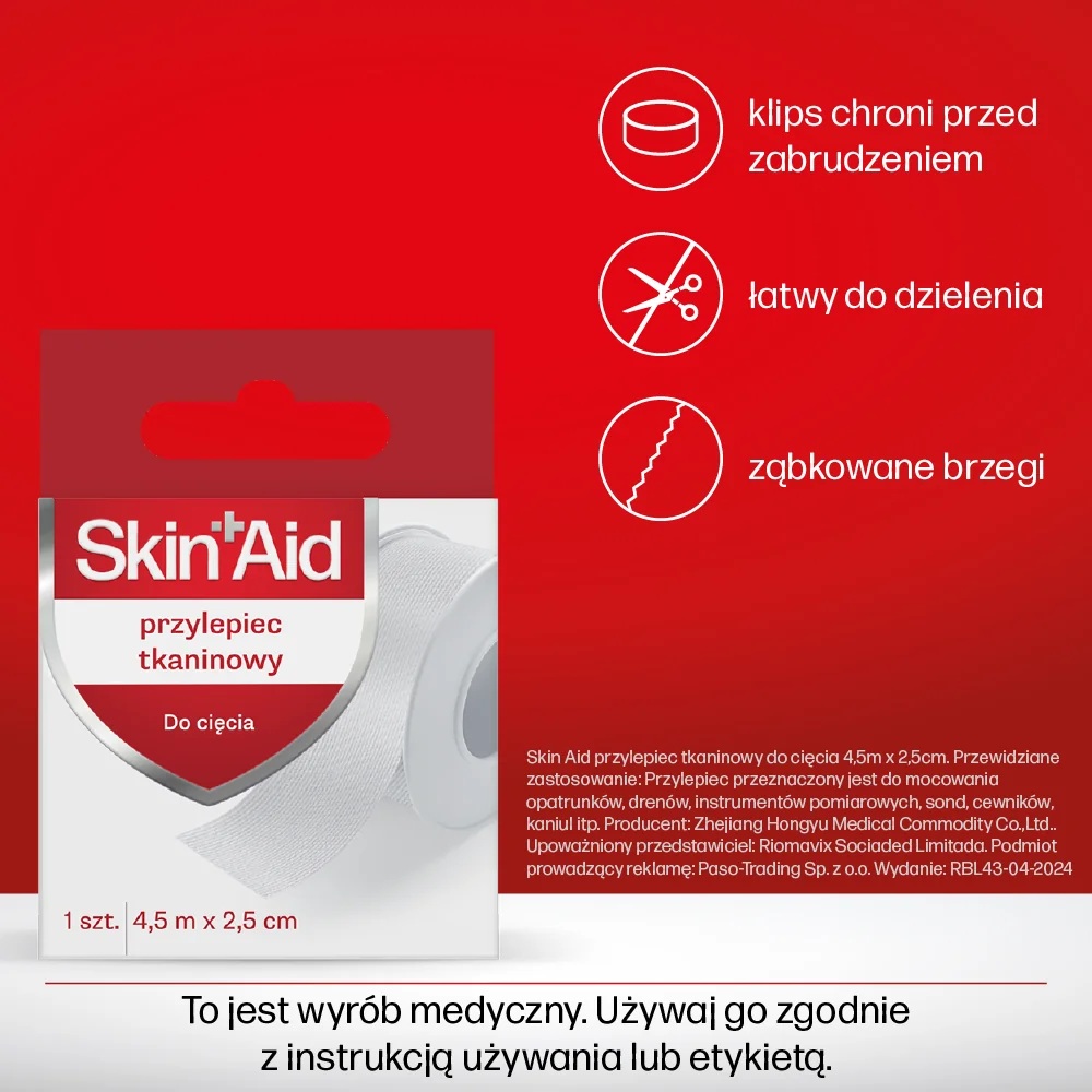 Skin Aid Przylepiec tkaninowy 4,5 m x 2,5 cm, 1 sztuka