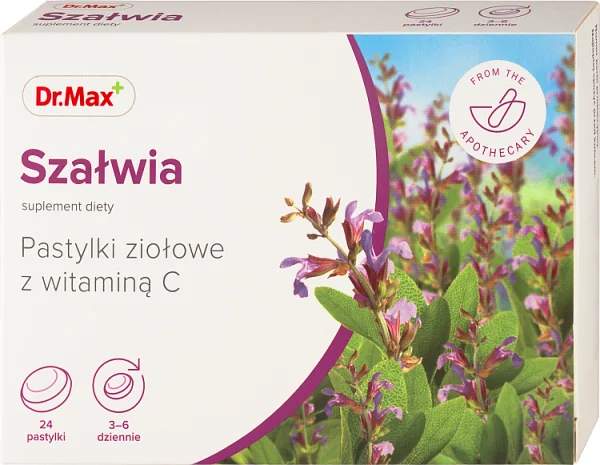 Szałwia Dr. Max pastylki ziołowe z witaminą C, 24 tabletki do ssania