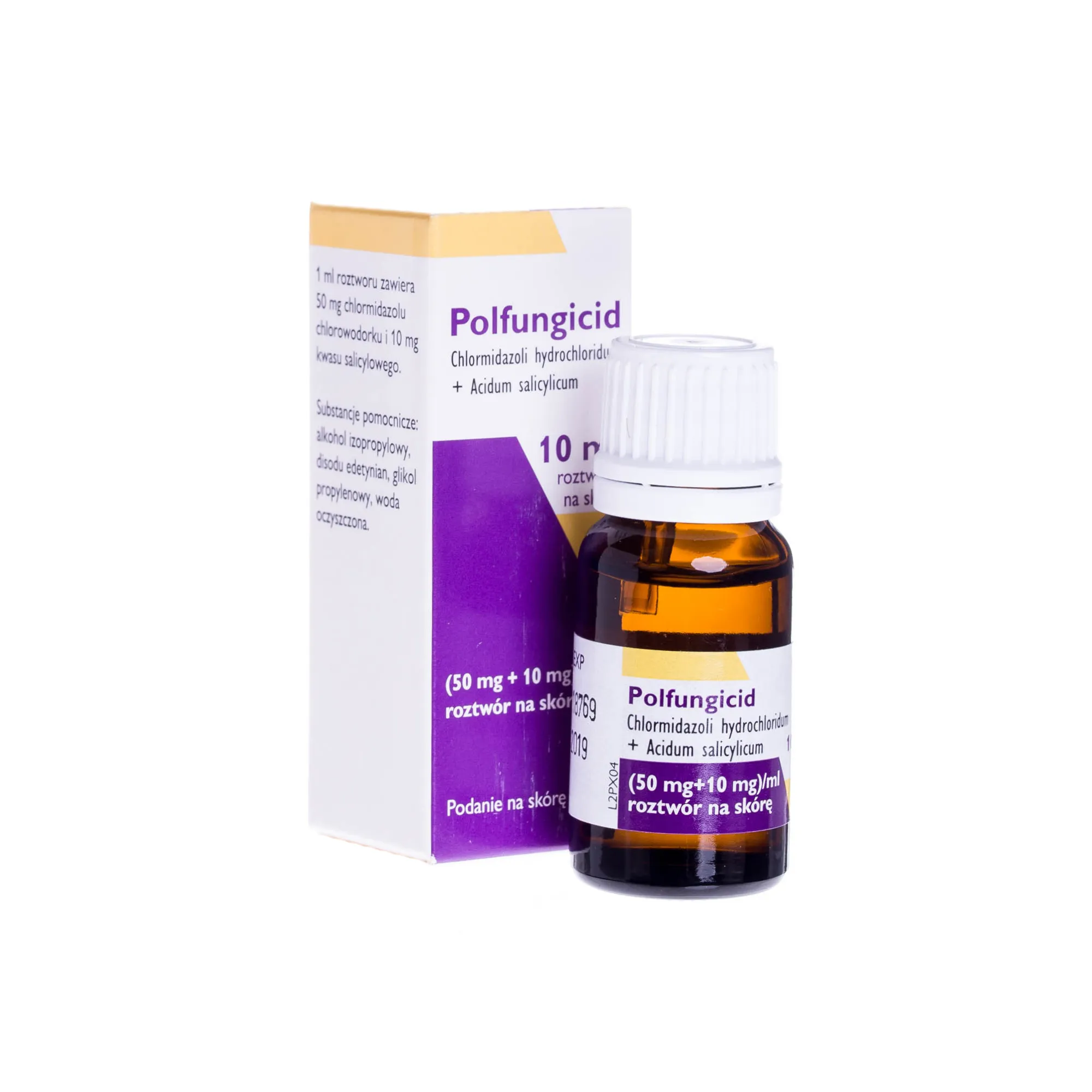 Polfungicid (50 mg+ 10 mg)/ml - roztwór na skórę stosowany w leczeniu zakażeń paznokci i skóry, 10 ml