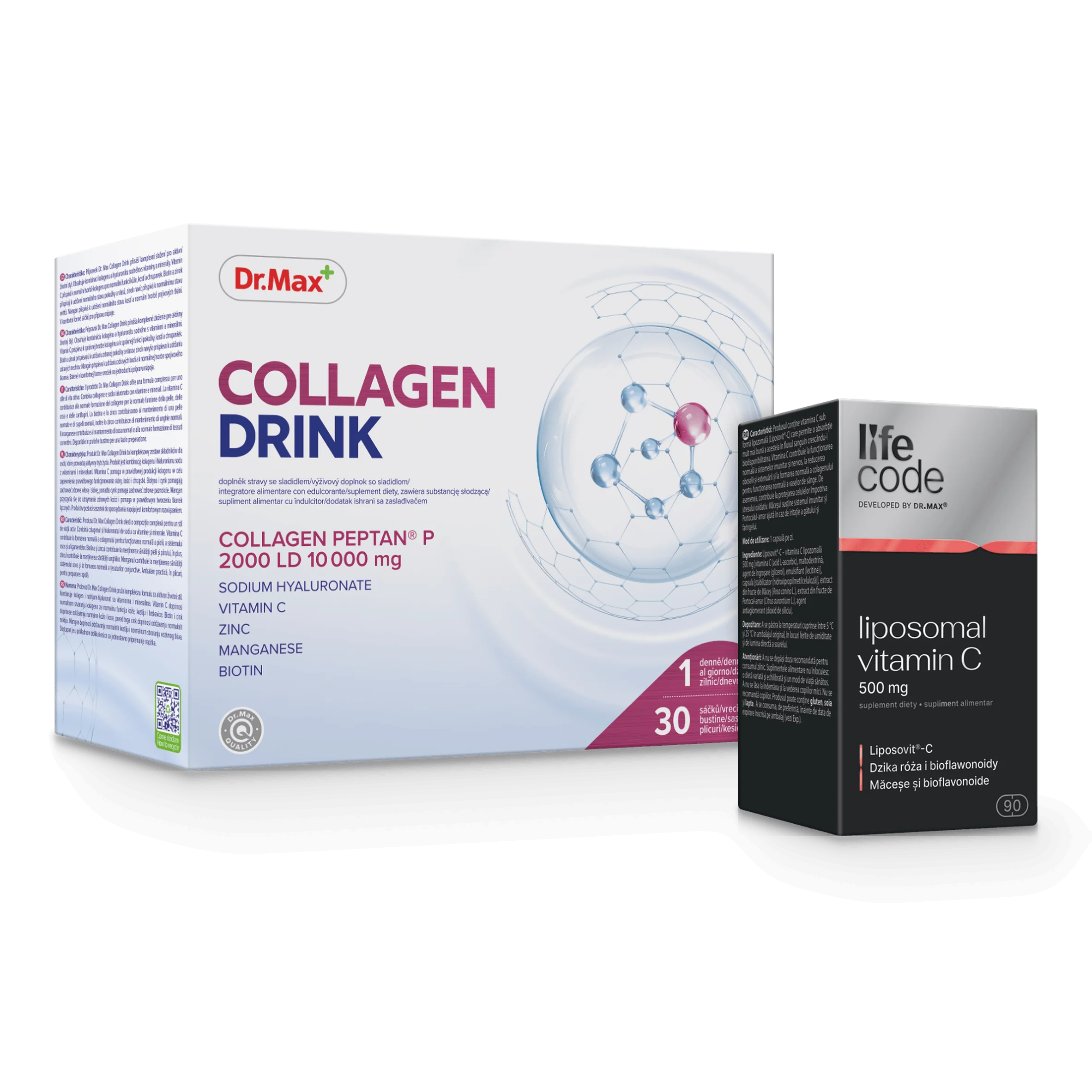 Komplet troski o stawy Collagen Drink Dr. Max 30 saszetek + LifeCode developed by Dr. Max liposomal Vitamin C 500 mg 90 kapsułek