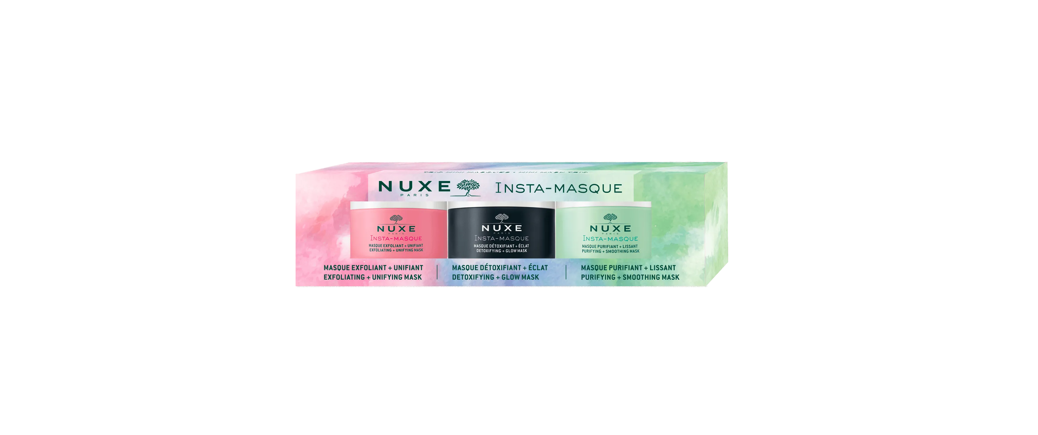 Nuxe Insta-Masque,  detoksykująca maska rozświetlająca, 15 ml + oczyszczająca maska wygładzająca, 15 ml + złuszczająca maska ujednolicająca skórę, 15 ml