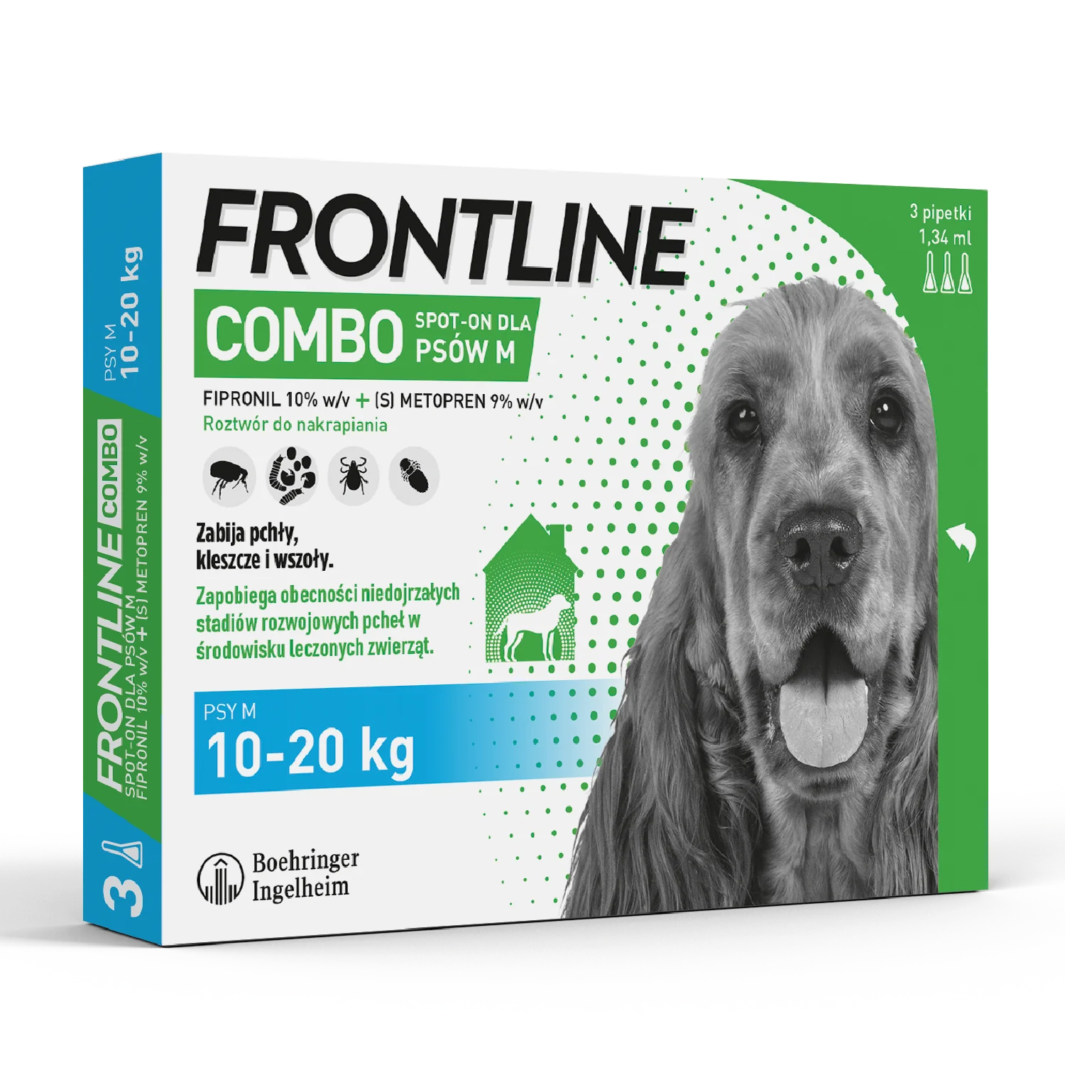 Frontline Combo M (134 mg + 120,60 mg)/1,34 ml, roztwór do nakrapiania dla psów 10-20 kg, 3 x 1,34 ml
