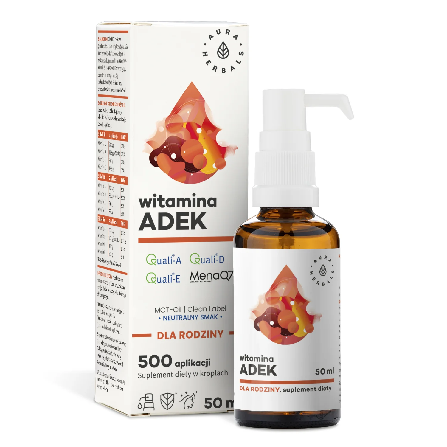 Aura Herbals Witamina A + D3 + E + K2 MK7 z MCT krople, 50 ml