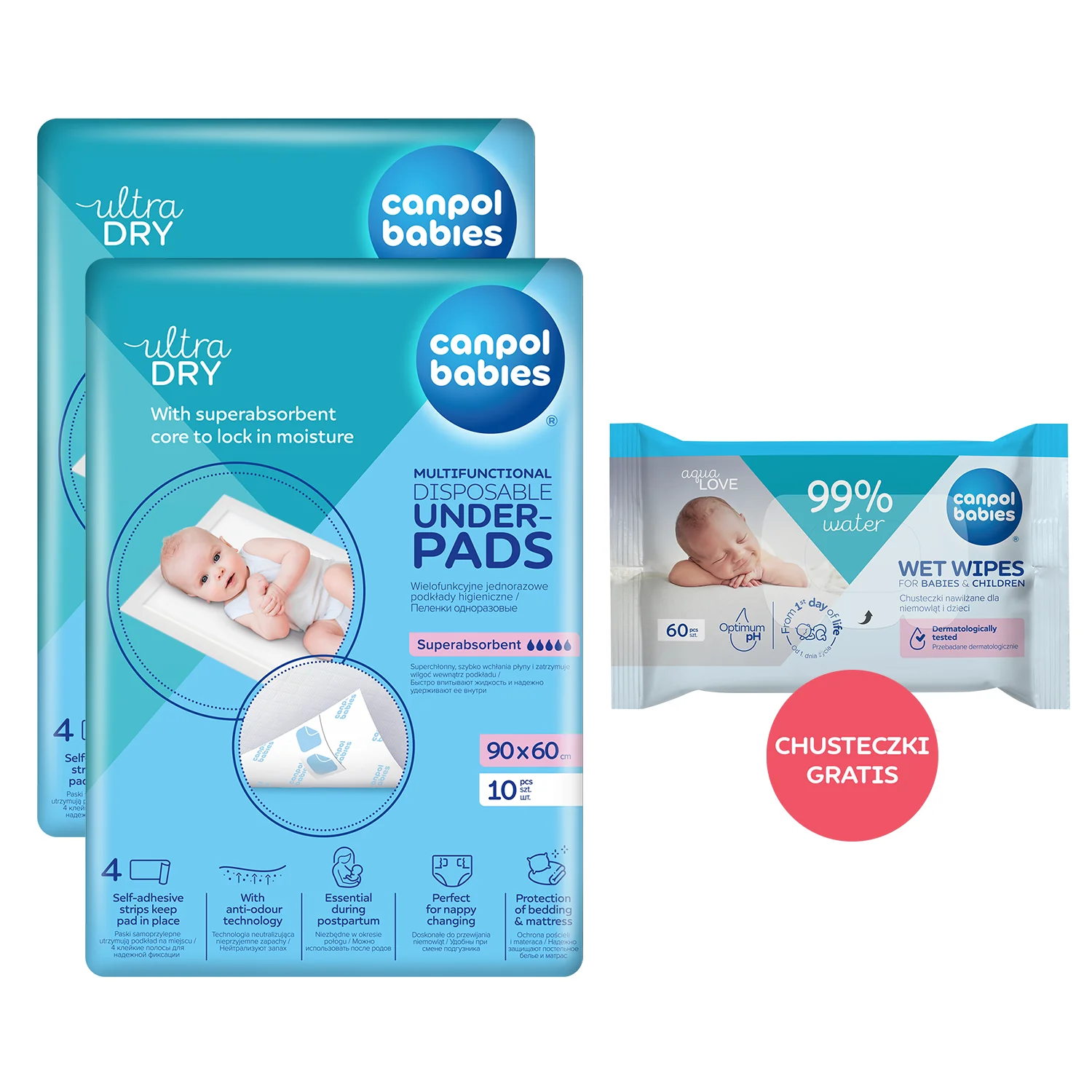 Canpol babies ultraDRY Zestaw wielofunkcyjne podkłady higieniczne 90x60 cm, 2 x 5 sztuk + chusteczki nawilżające, 60 sztuk GRATIS