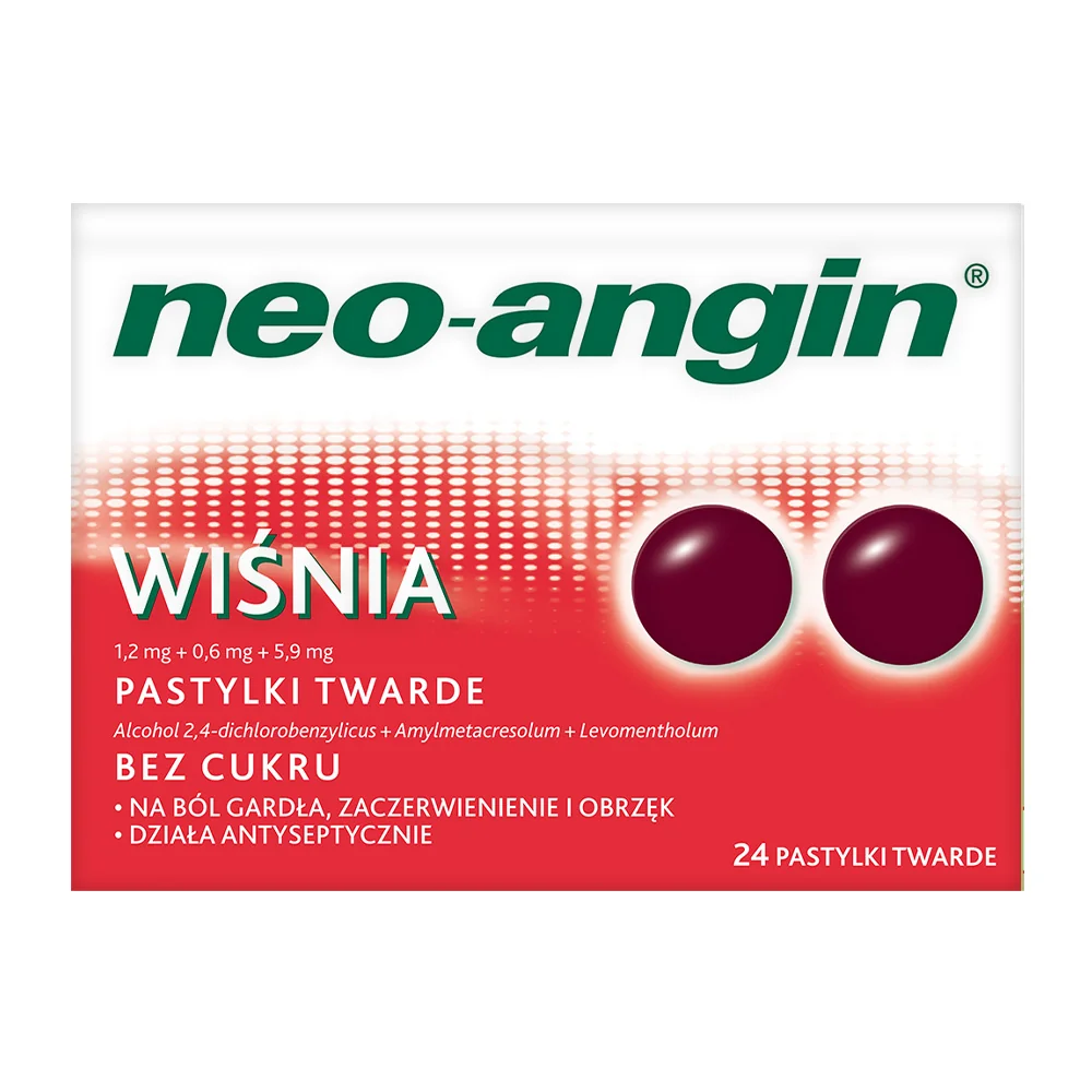 Neo-Angin Wiśnia, 1,2 mg + 0,6 mg + 5,9 mg 24 pastylki twarde