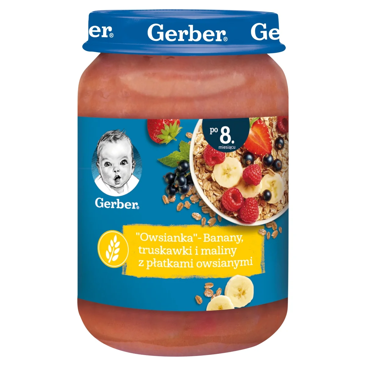 Gerber owsianka banany, truskawki i maliny z płatkami owsianymi dla niemowląt po 8 miesiącu życia, 190 g