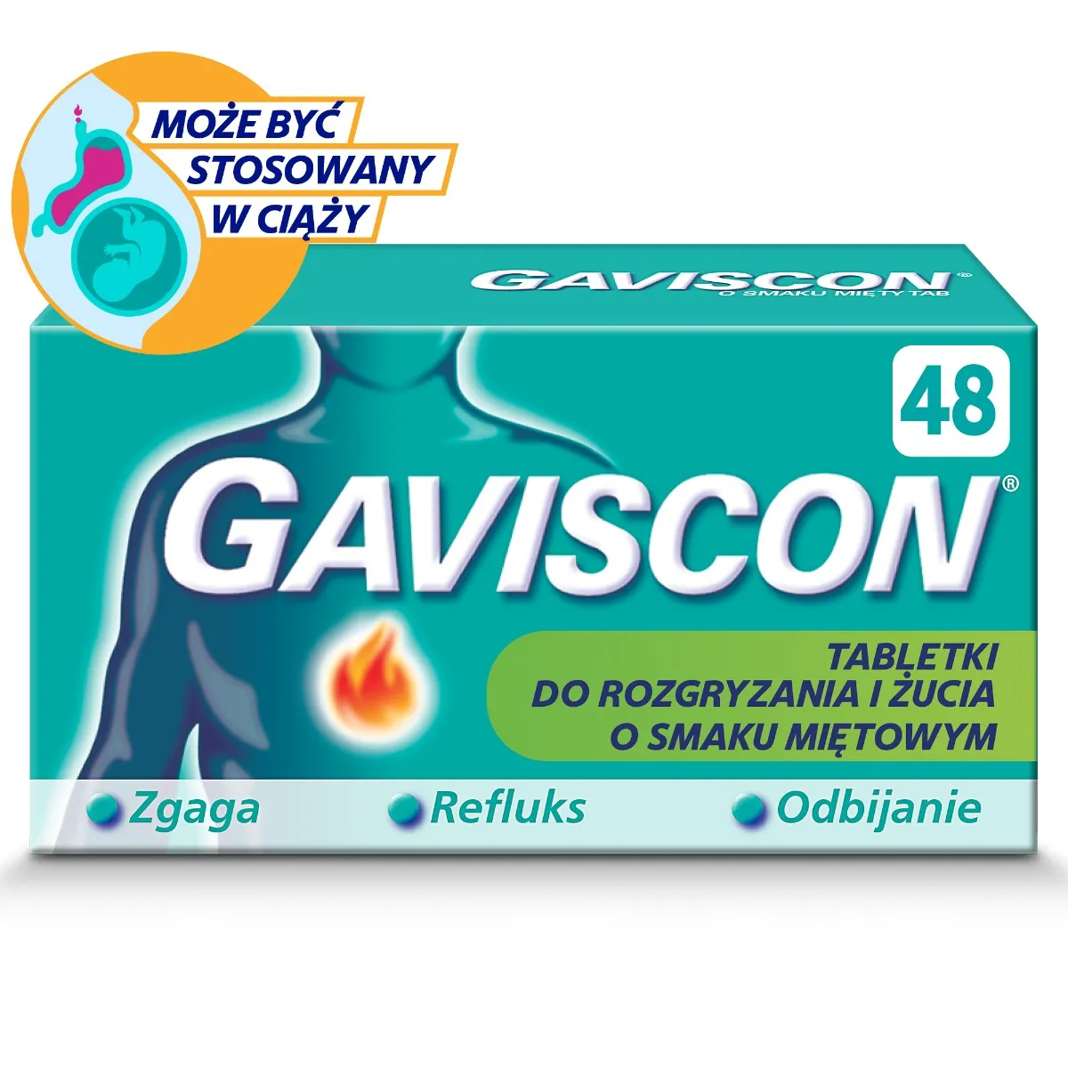 Gaviscon, smak miętowy, 48 tabletek do rozgryzania i żucia 