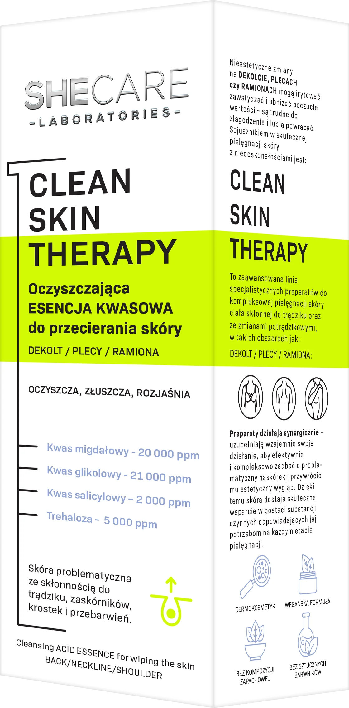 SheCare Clean Skin Therapy oczyszczająca esencja kwasowa do przecierania skóry ciała – dekolt, plecy, ramiona, 150 ml