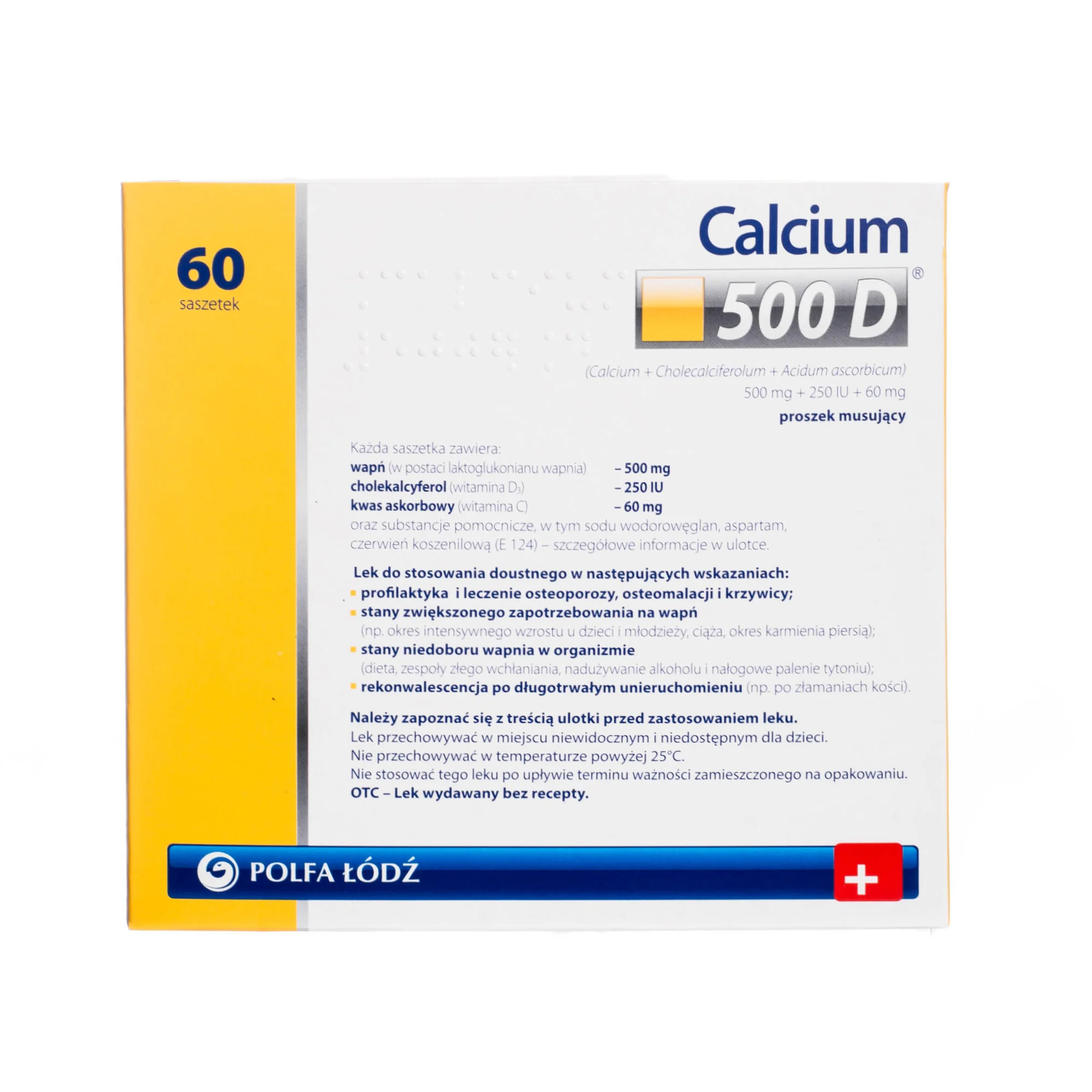 Calcium 500 D ( Calcium 500 mg + Cholecalciferolum 250 IU + Acidum ascorbicum 60 mg ) proszek musujący, 60 saszetek 