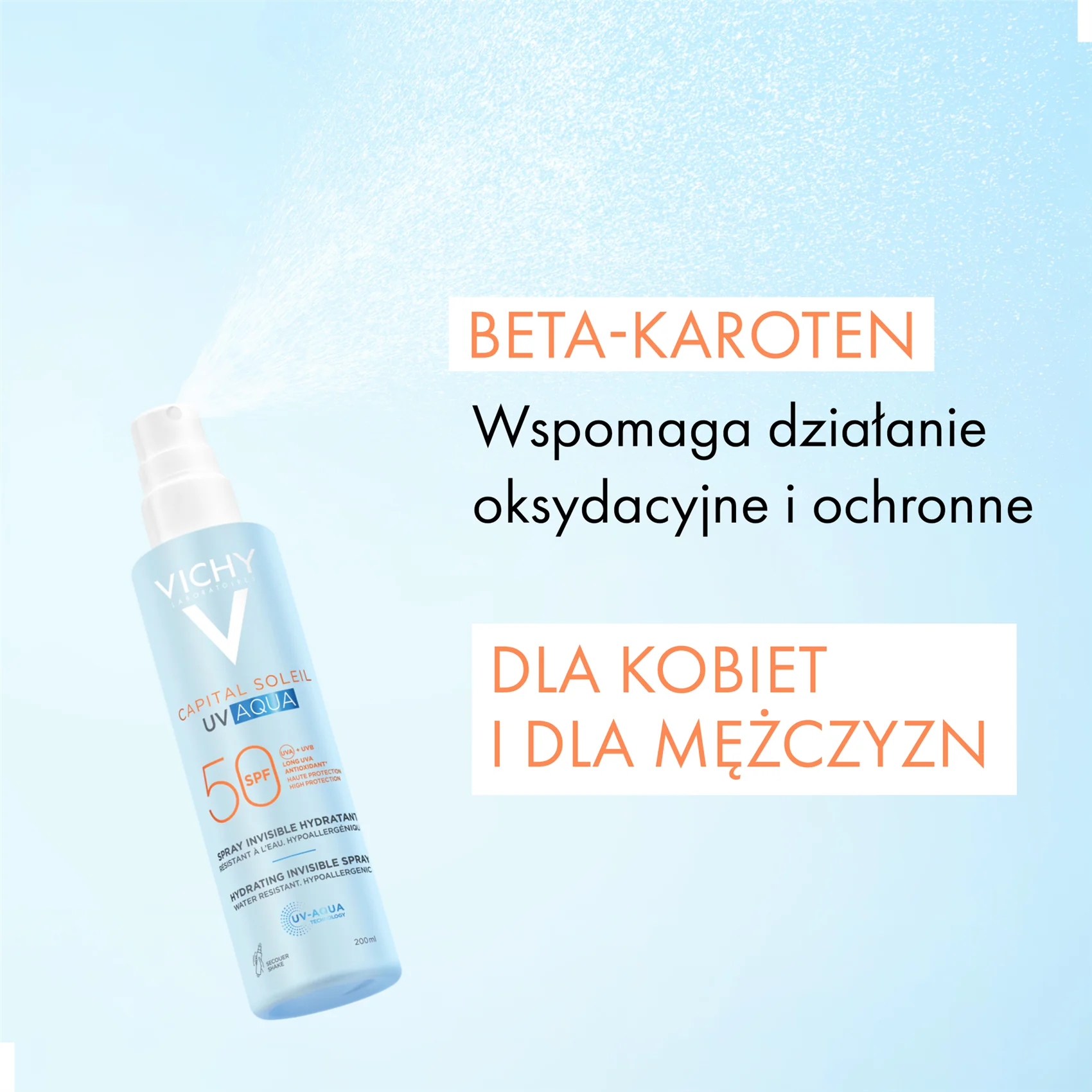 Vichy Capital Soleil UV-Aqua wodoodporny spray przeciwsłoneczny do ciała SPF 50, 200 ml