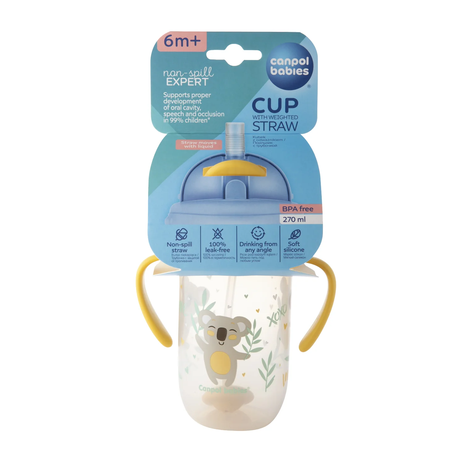 Canpol Babies kubek niekapek z rurką i odważnikiem żółty 270 ml, 1 sztuka