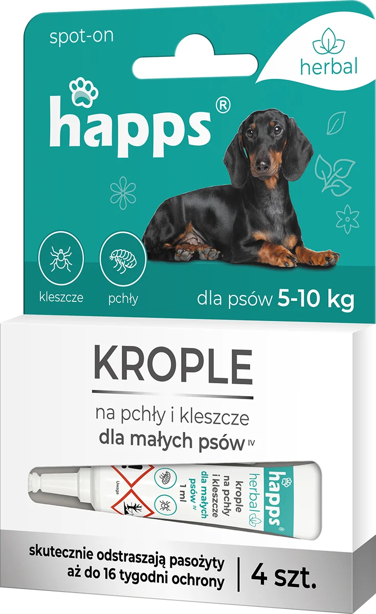 Happs Herbal krople na pchły i kleszcze dla małych psów 5-10 kg, 4 x 1 ml