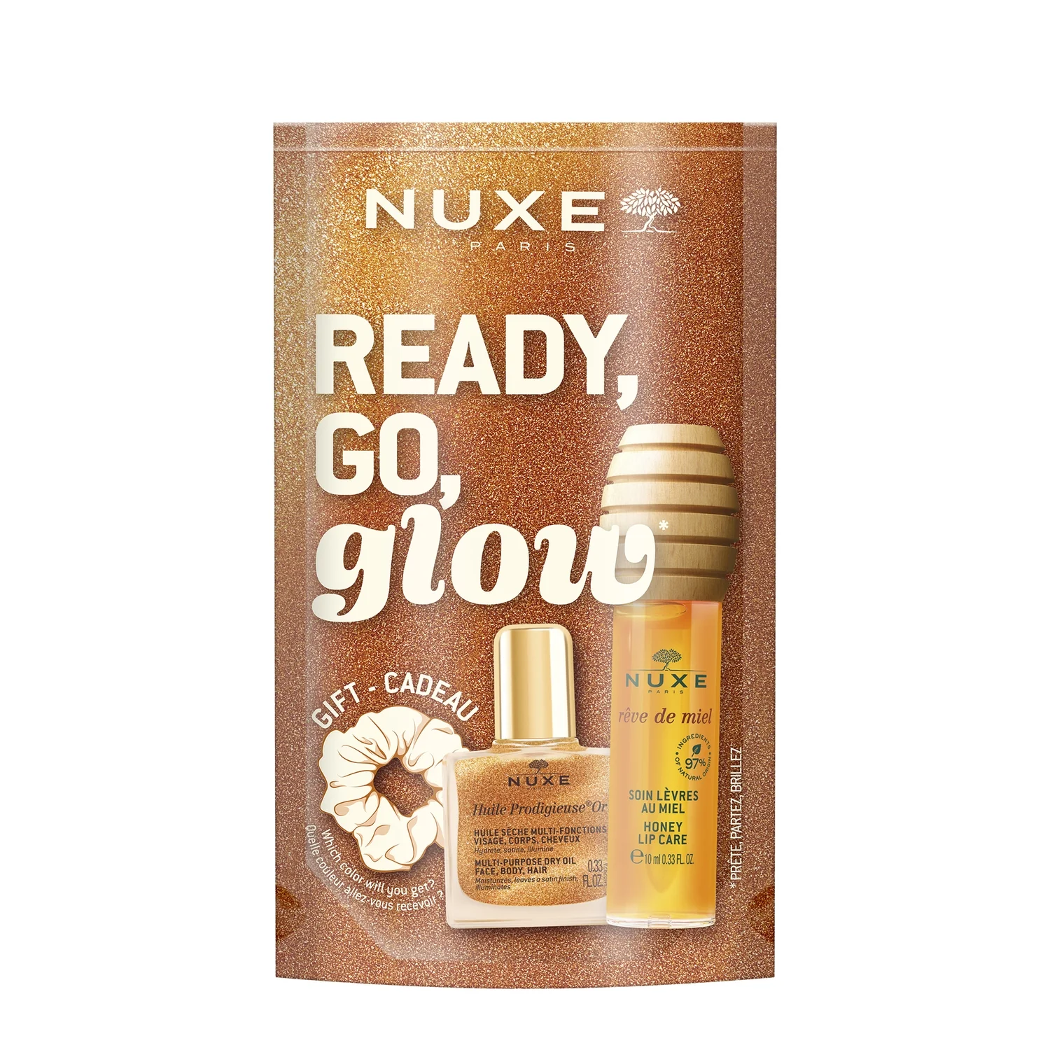 NUXE Zestaw READY, GO, GLOW Rêve de miel® miodowy olejek do ust, 10 ml + suchy olejek, 10 ml + gumka do włosów