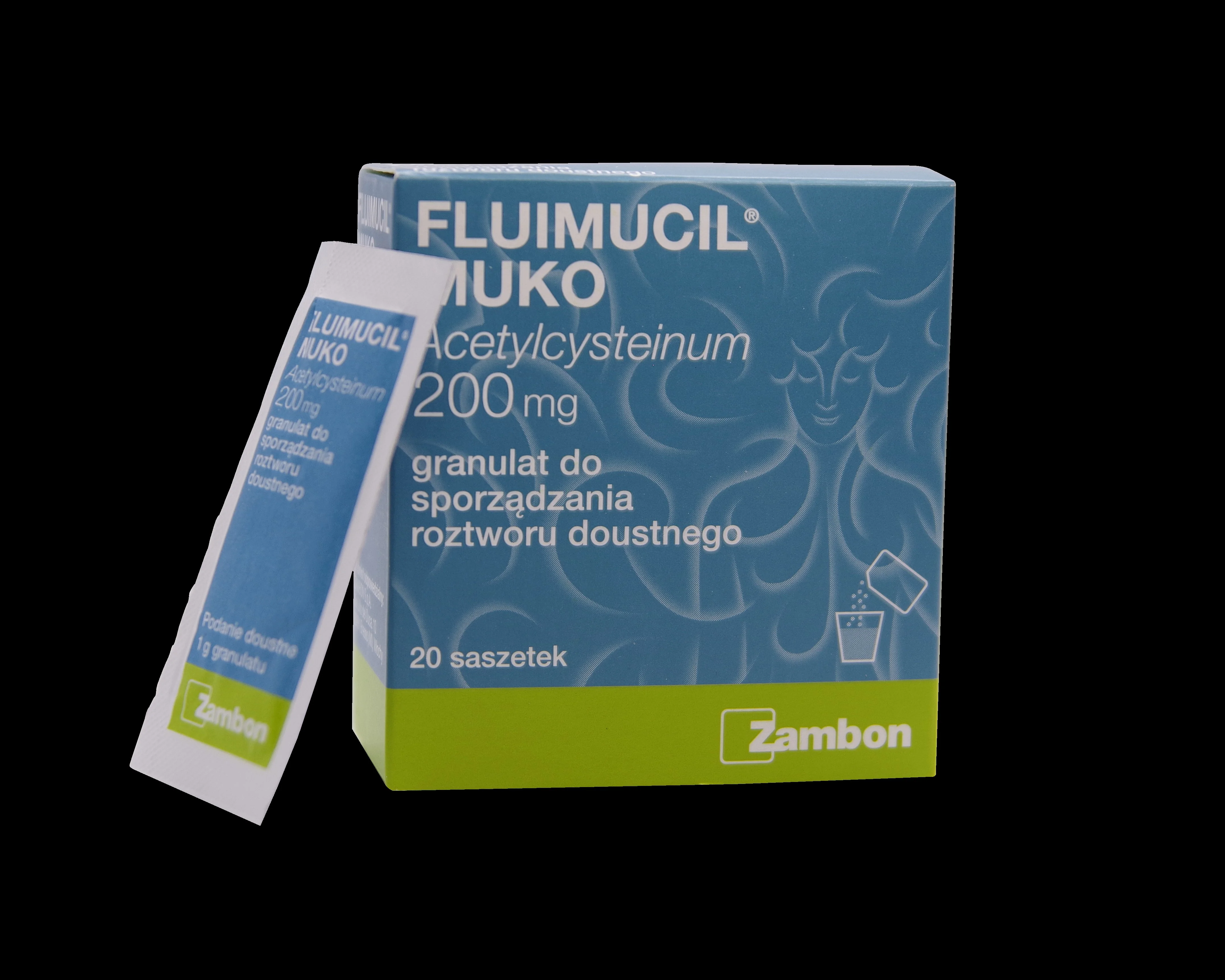 Fluimucil Muko 200 mg, granulat do sporządzania roztworu doustnego, 20 saszetek